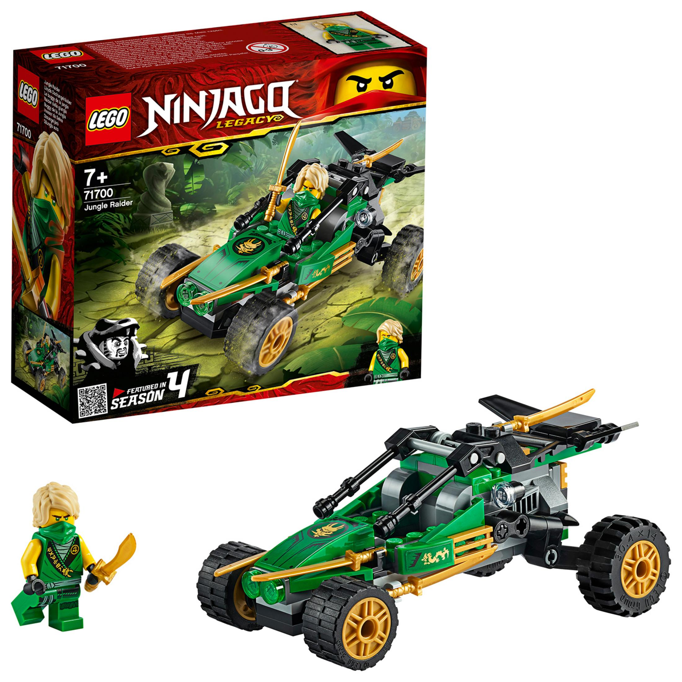 Ein Lego Ninjago Set mit einem grünen Fahrzeug, einer Minifigur und einer Schachtel.