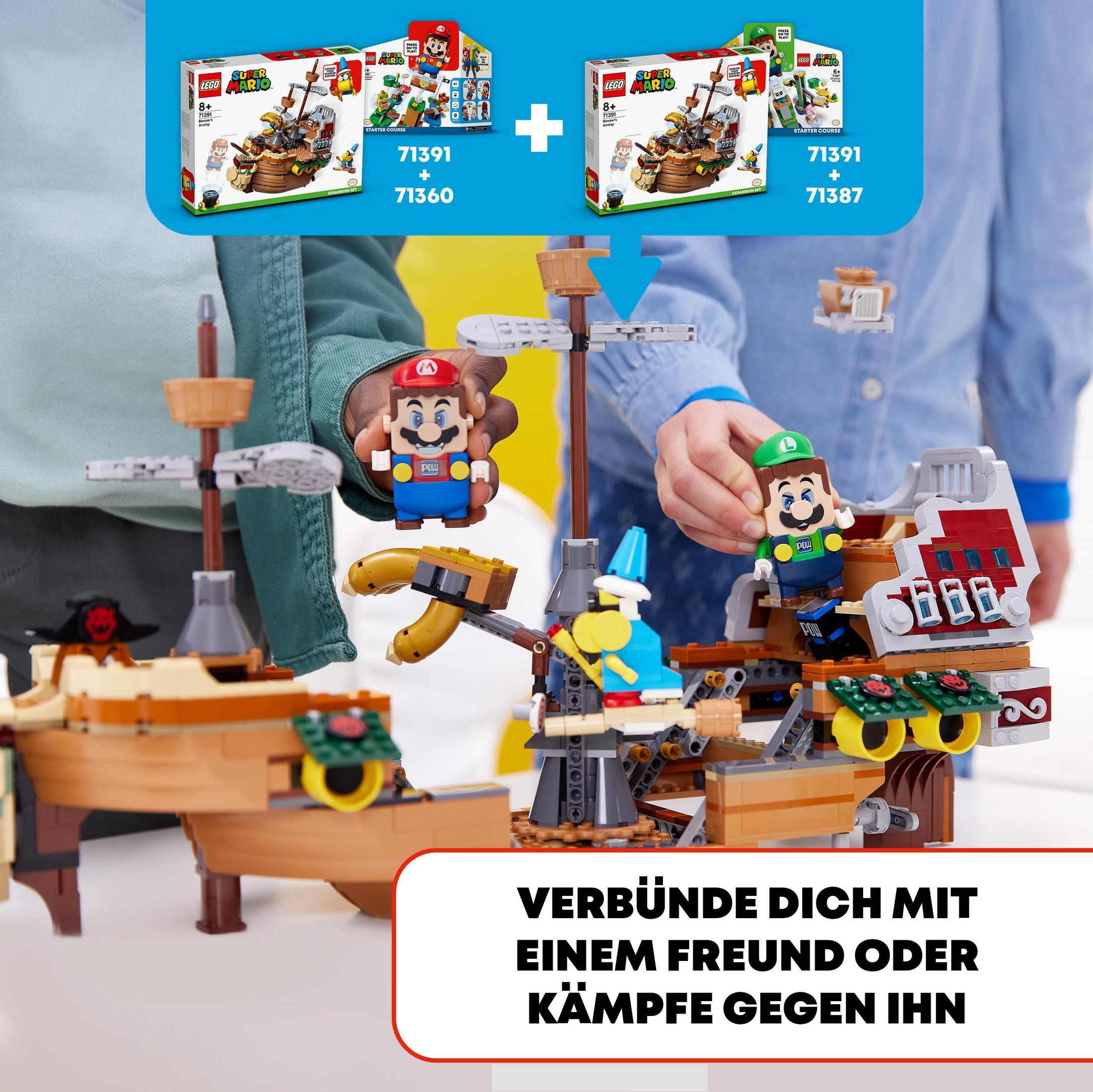 Set LEGO con due personaggi su una nave pirata, scatole sullo sfondo.