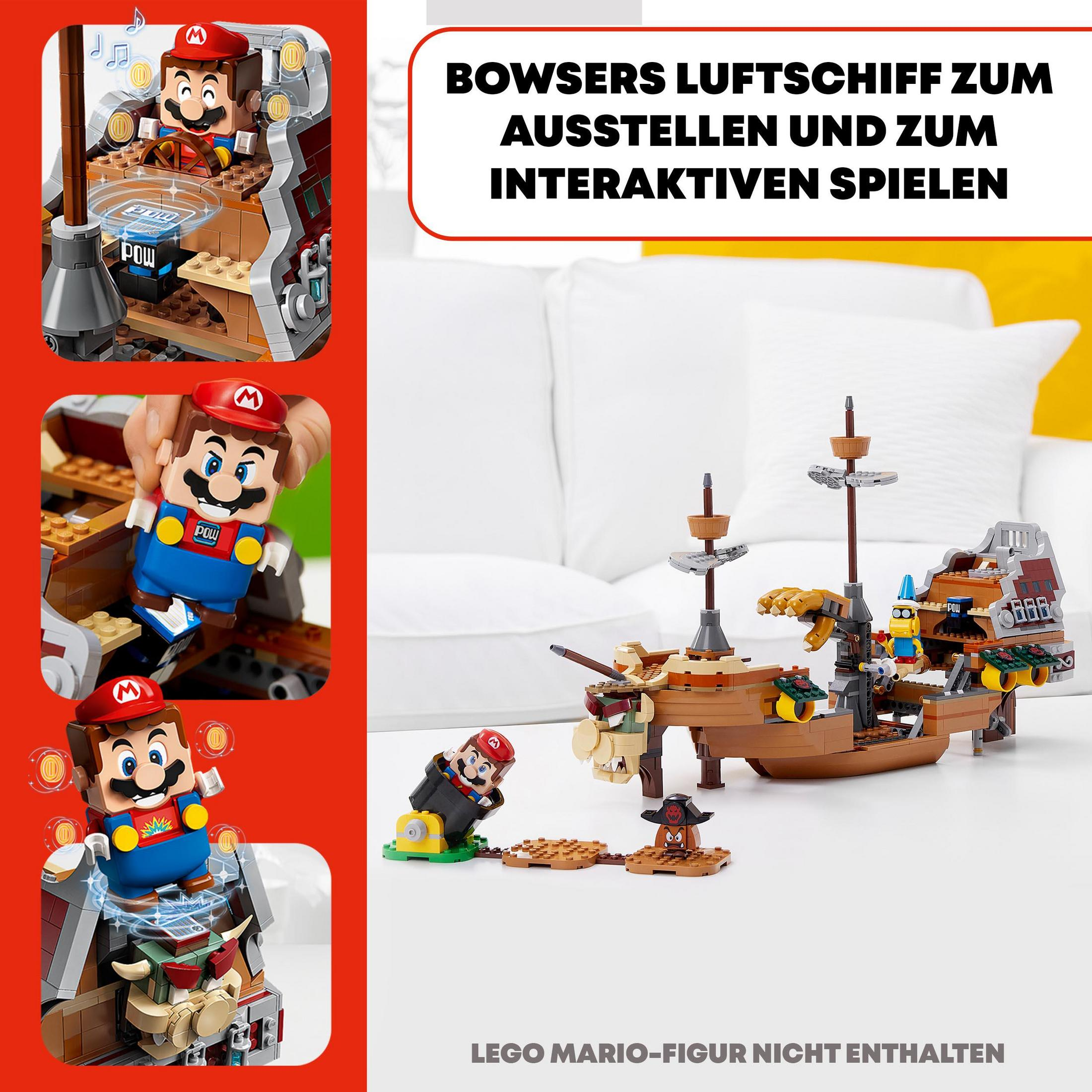 Set Lego con personaggi di Mario, una nave, monete e testo di gioco interattivo.