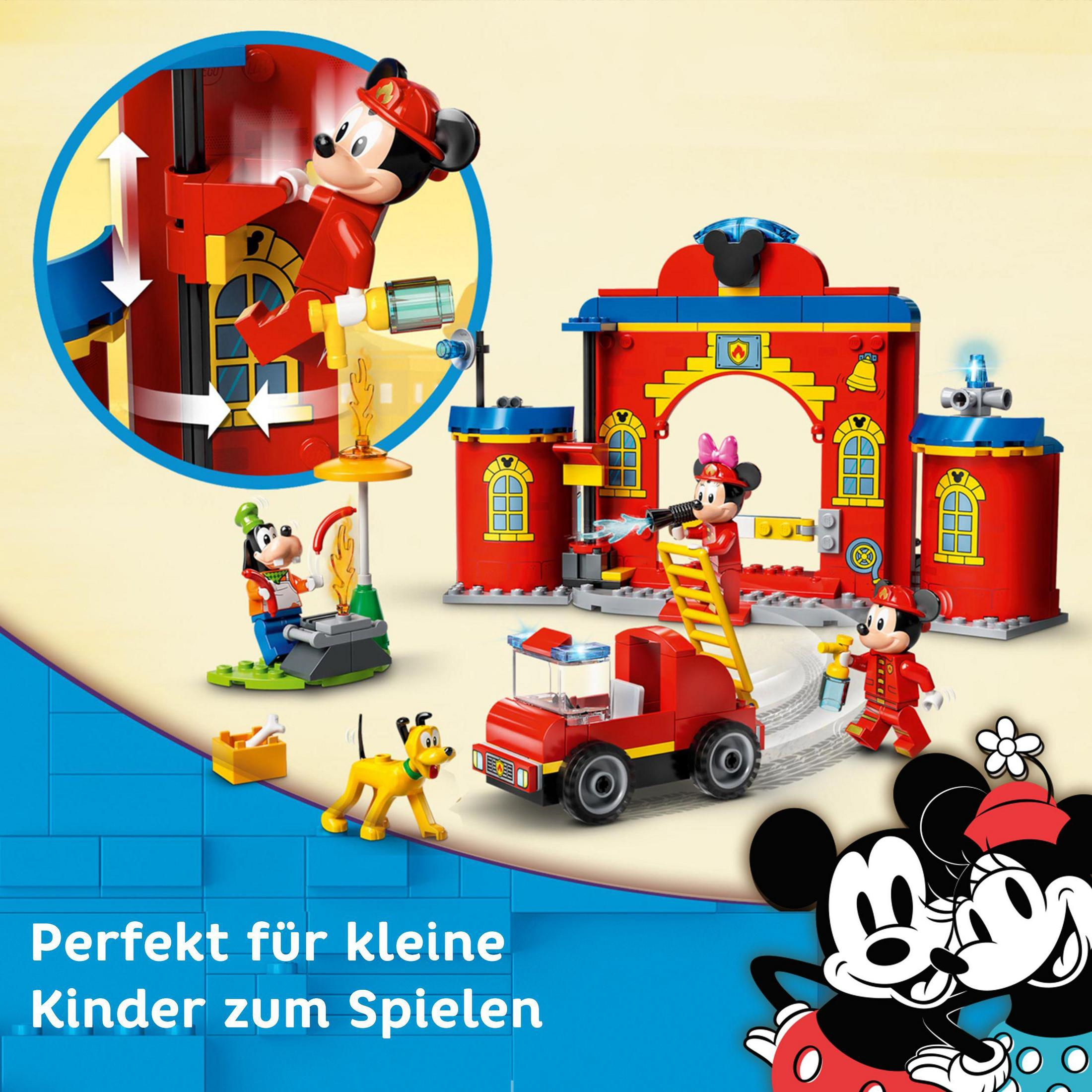 Lego-Set mit Mickey-Mouse-Motiv. Figuren von Mickey und Freunden beim Spielen.