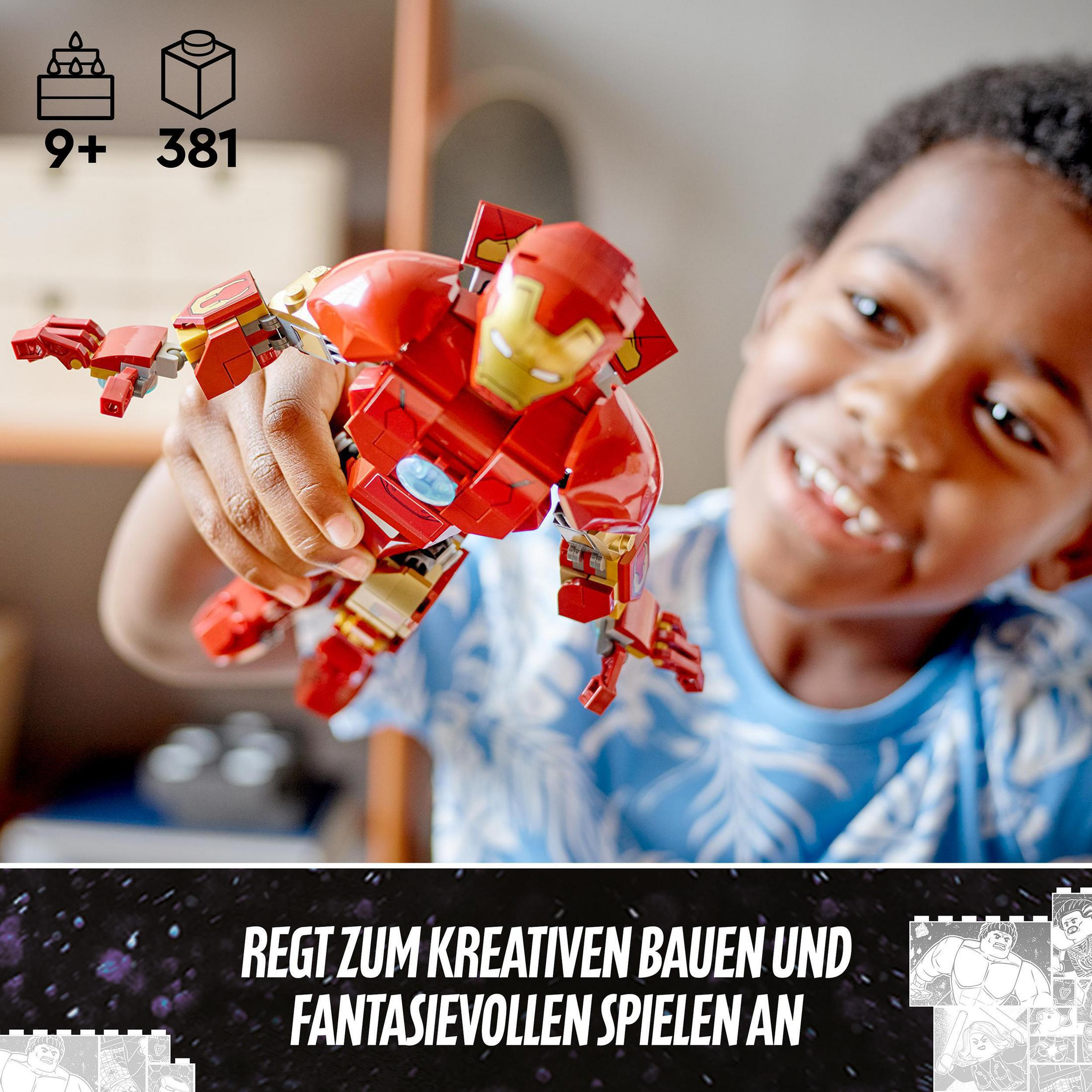 Un bambino tiene in mano un personaggio di Iron Man Lego rosso. Testo: Incoraggia la costruzione creativa e il gioco fantasioso.