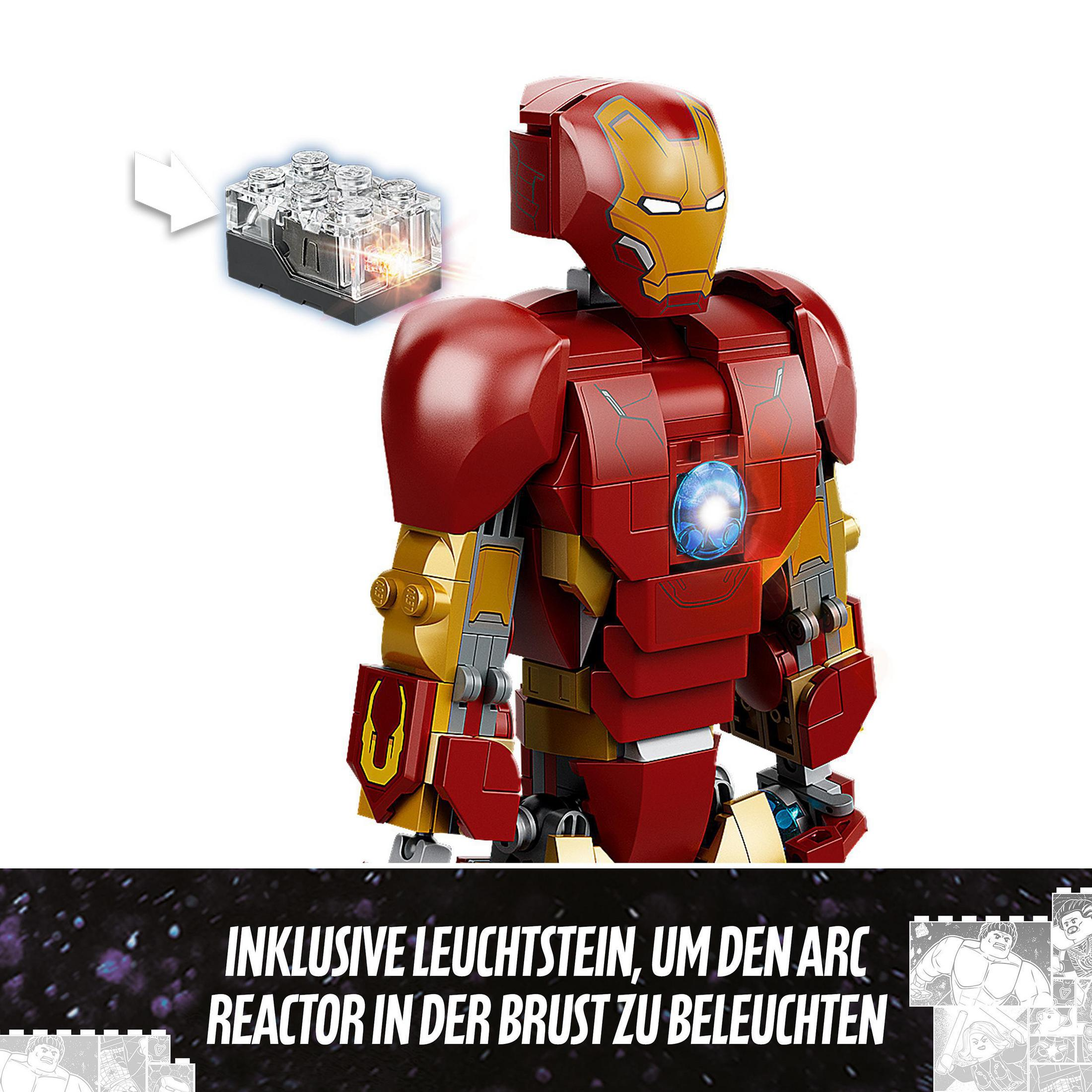 Figura LEGO di Iron Man, principalmente rossa, con petto illuminato.