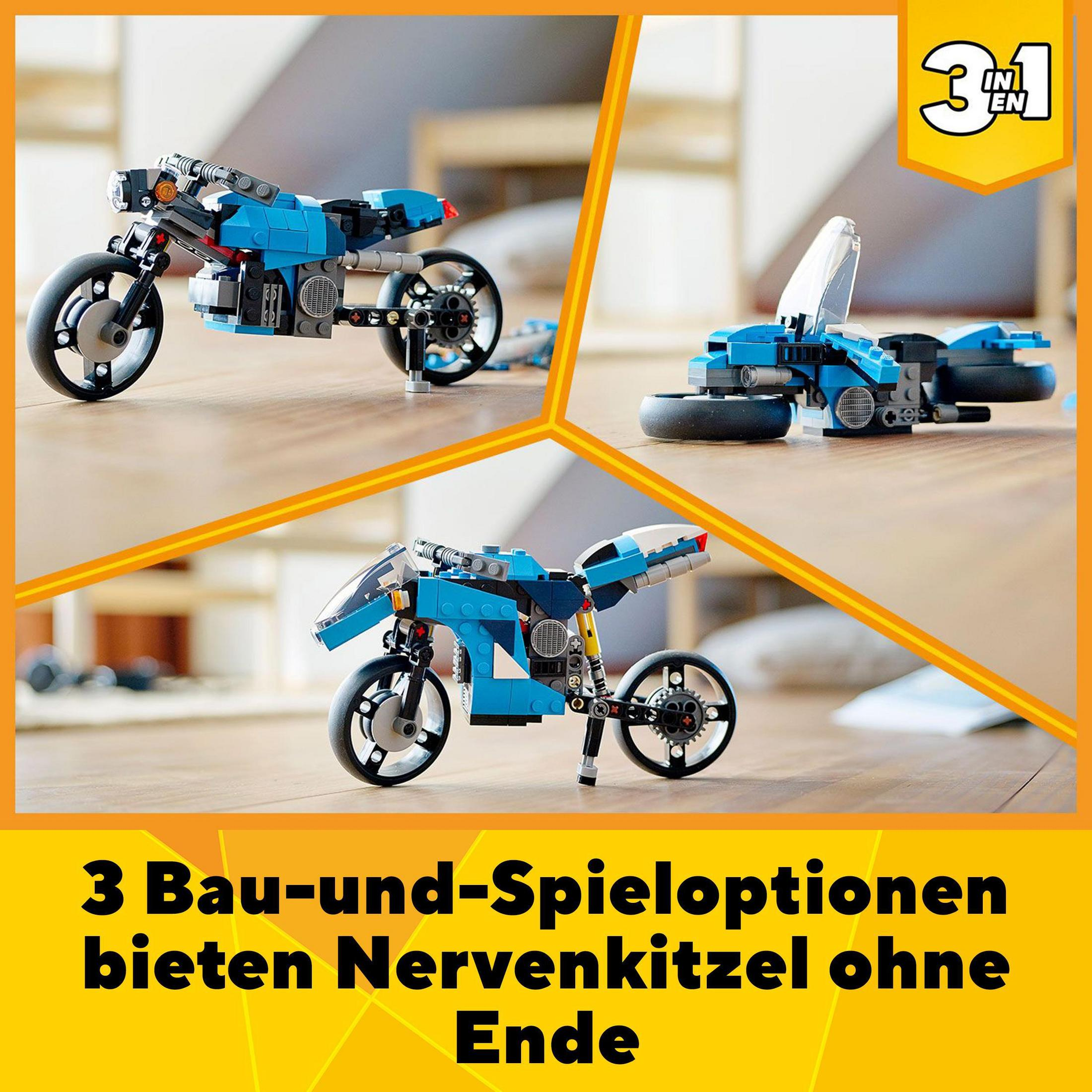Motorradspielzeug in drei Konfigurationen. Blau und Schwarz. Gelbes Banner.