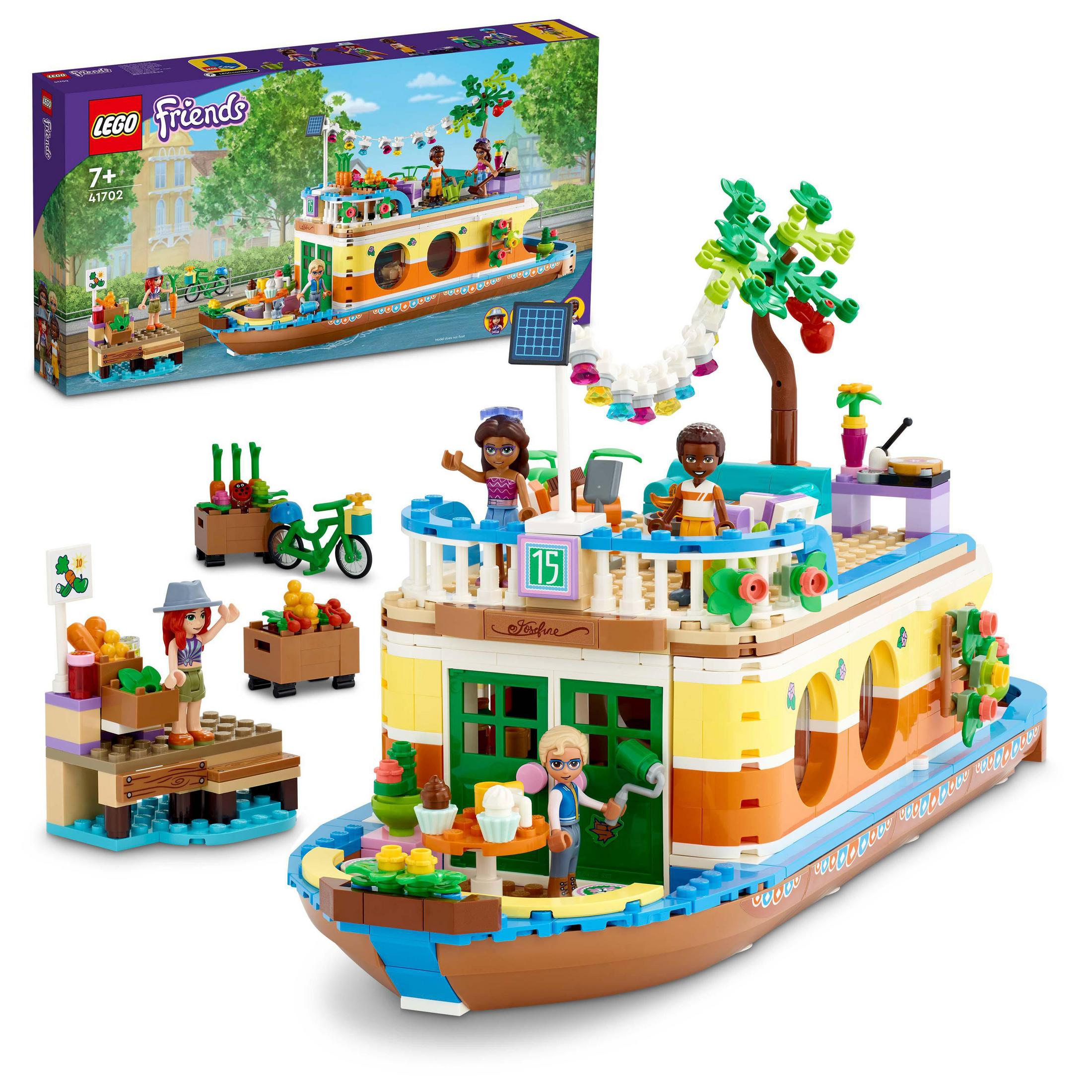 LEGO Friends Set: Boot mit Figuren, Gemüsekisten, Fahrrad, Markt.