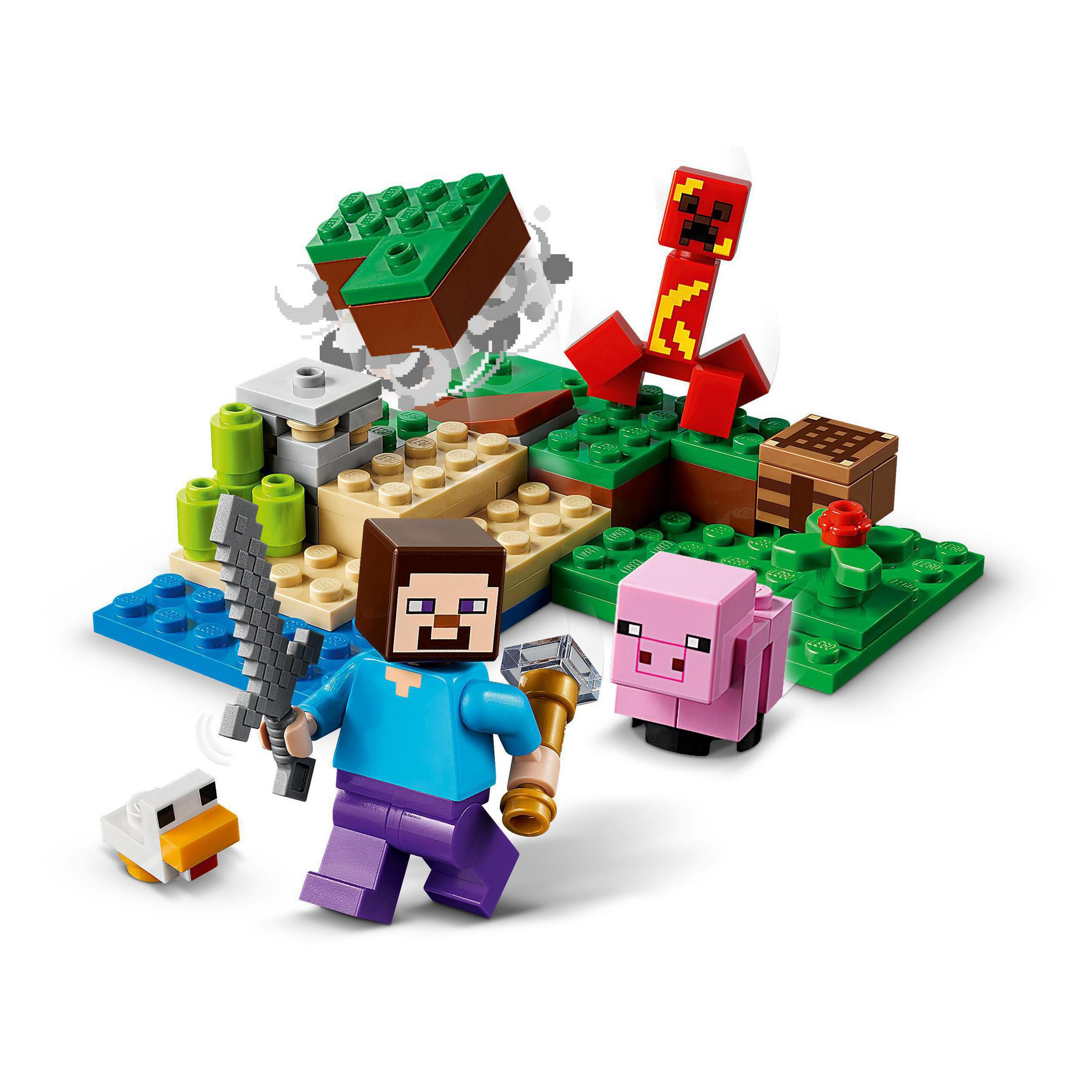 Scena Lego Minecraft con personaggi e blocchi, in posa d'azione.