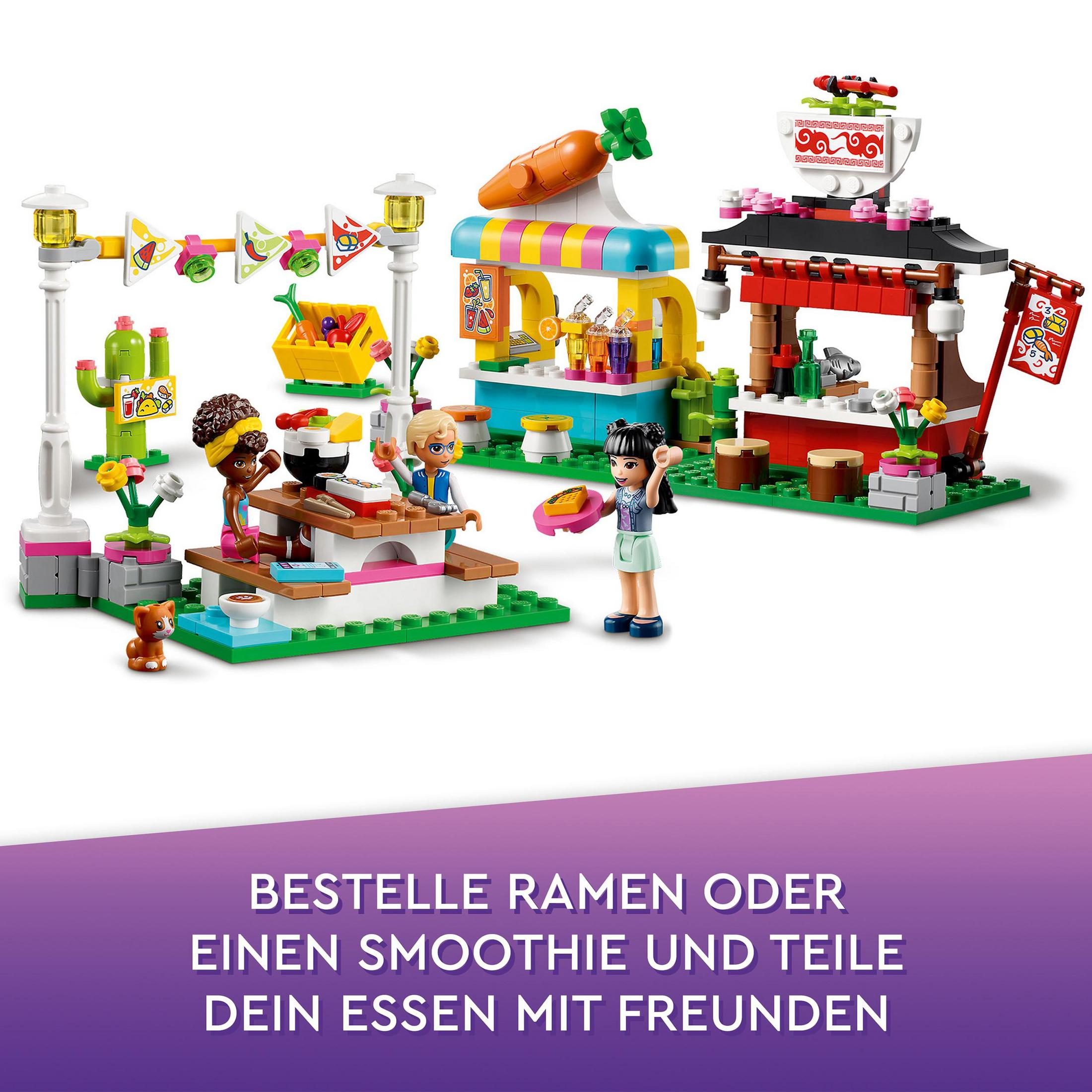 Lego-Set mit Minifiguren an Essensständen, Text: Ramen oder Smoothie bestellen.