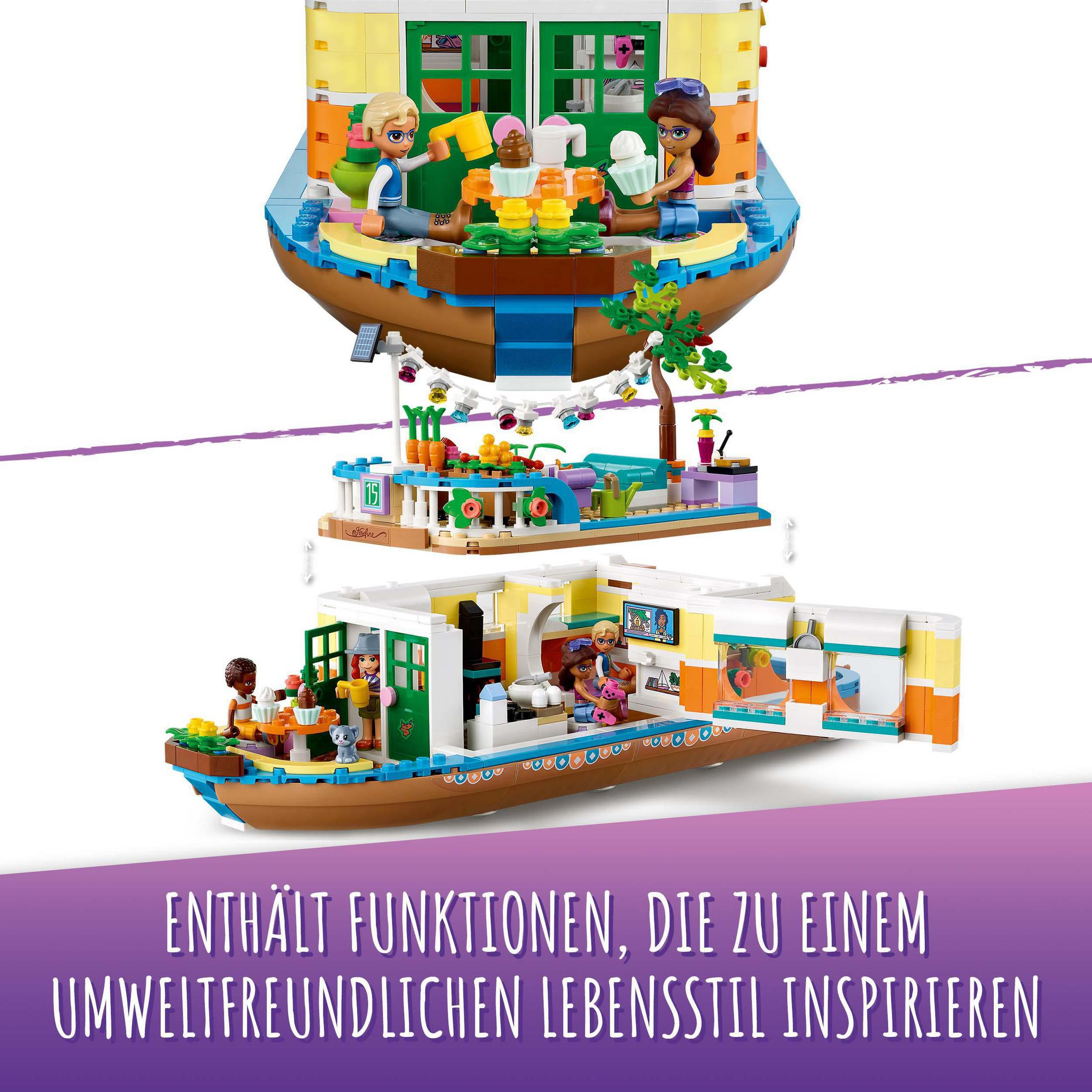 Ein Lego-Set, das ein Boot mit Menschen und Pflanzen zeigt. Es hat auch einen Text auf Deutsch.