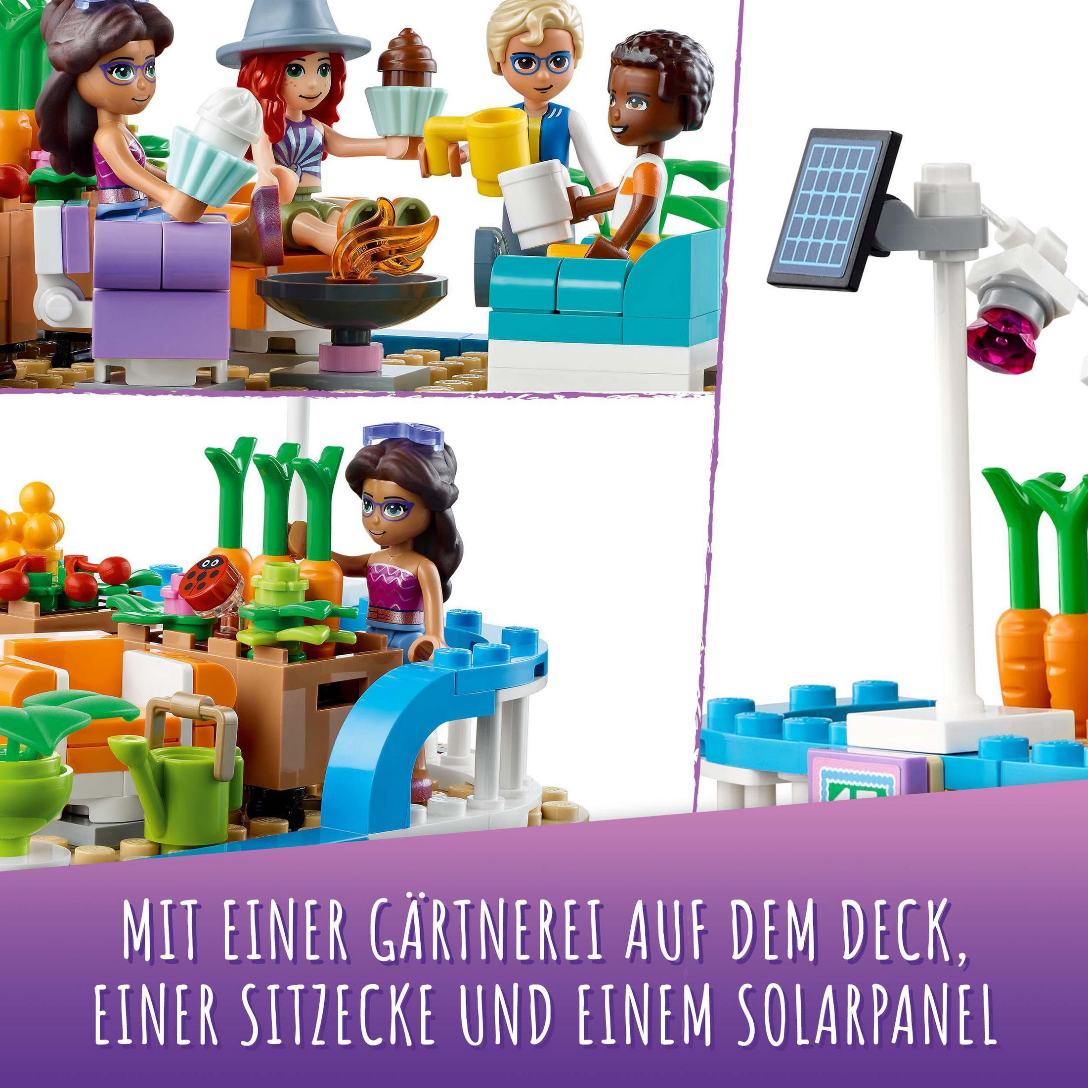 LEGO-Set mit Figuren in einem Garten. Es gibt ein Solarpanel, Karotten und einen Essensstand.