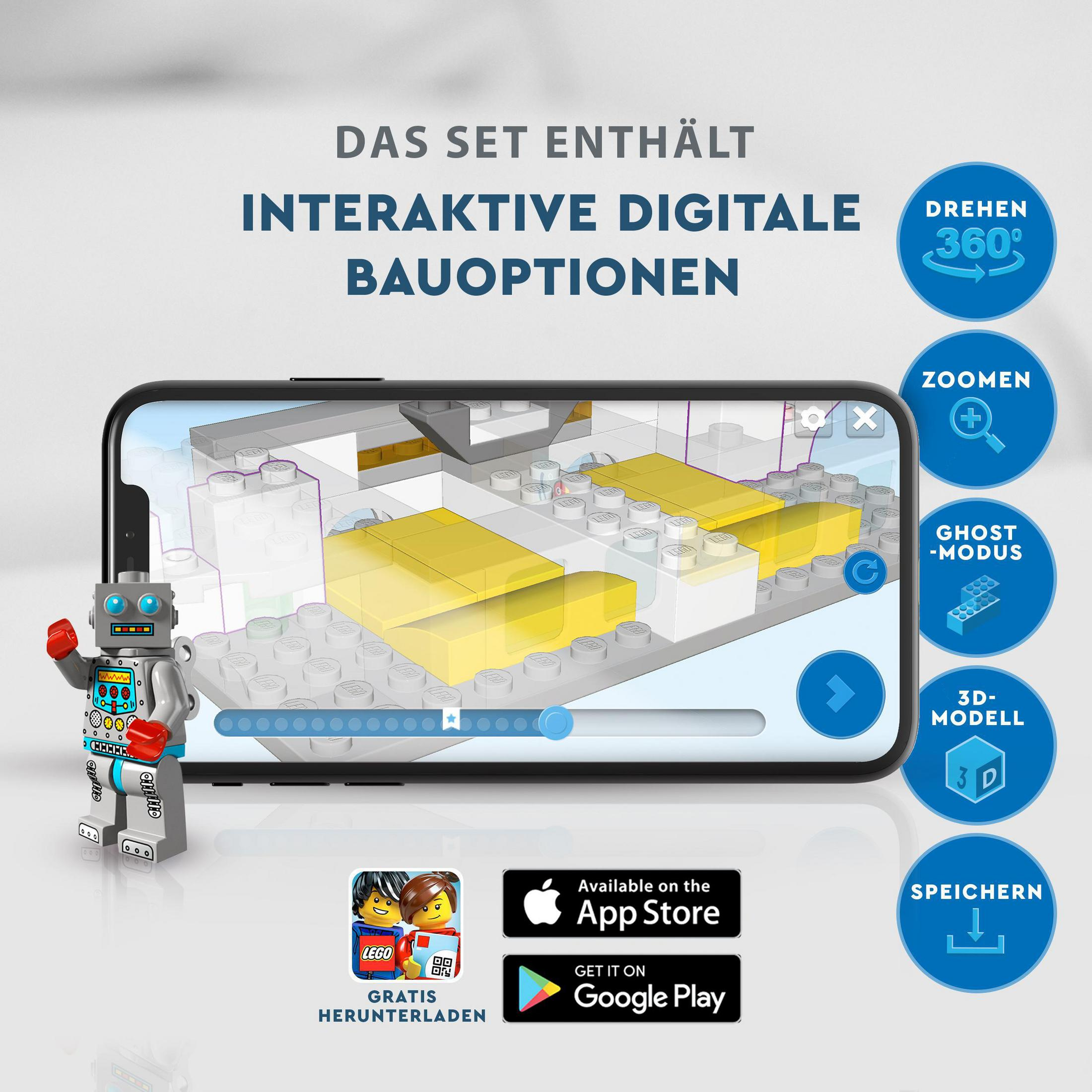 Ein Smartphone mit digitalen LEGO-Bauanleitungen auf dem Bildschirm, mit App Store Logos und einem Roboter-Spielzeug.