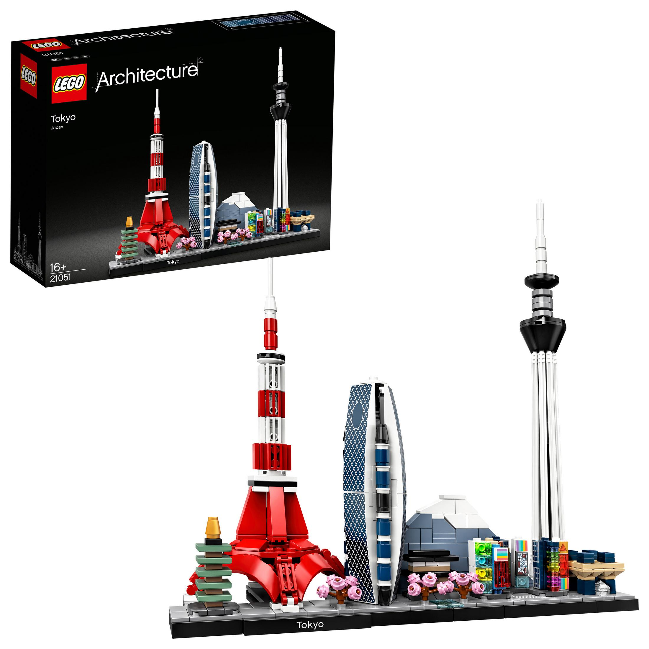 Lego Architecture Tokyo-Set, enthält Tokyo Tower, andere Gebäude und eine Box mit Lego-Logo.