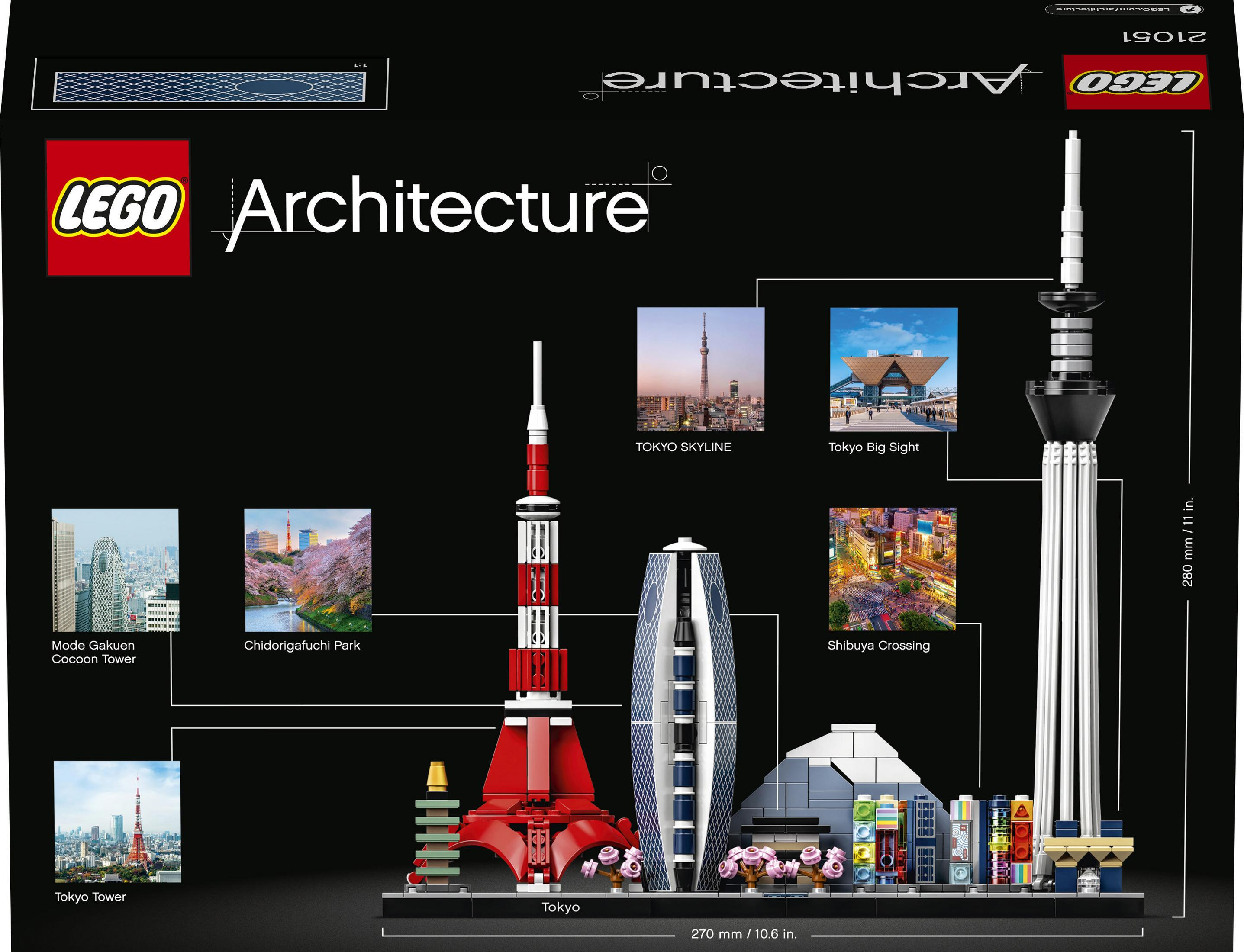 Schachtelkunst des Lego Architecture Tokyo Sets. Es zeigt die Skyline von Tokio, den Turm und andere Gebäude.