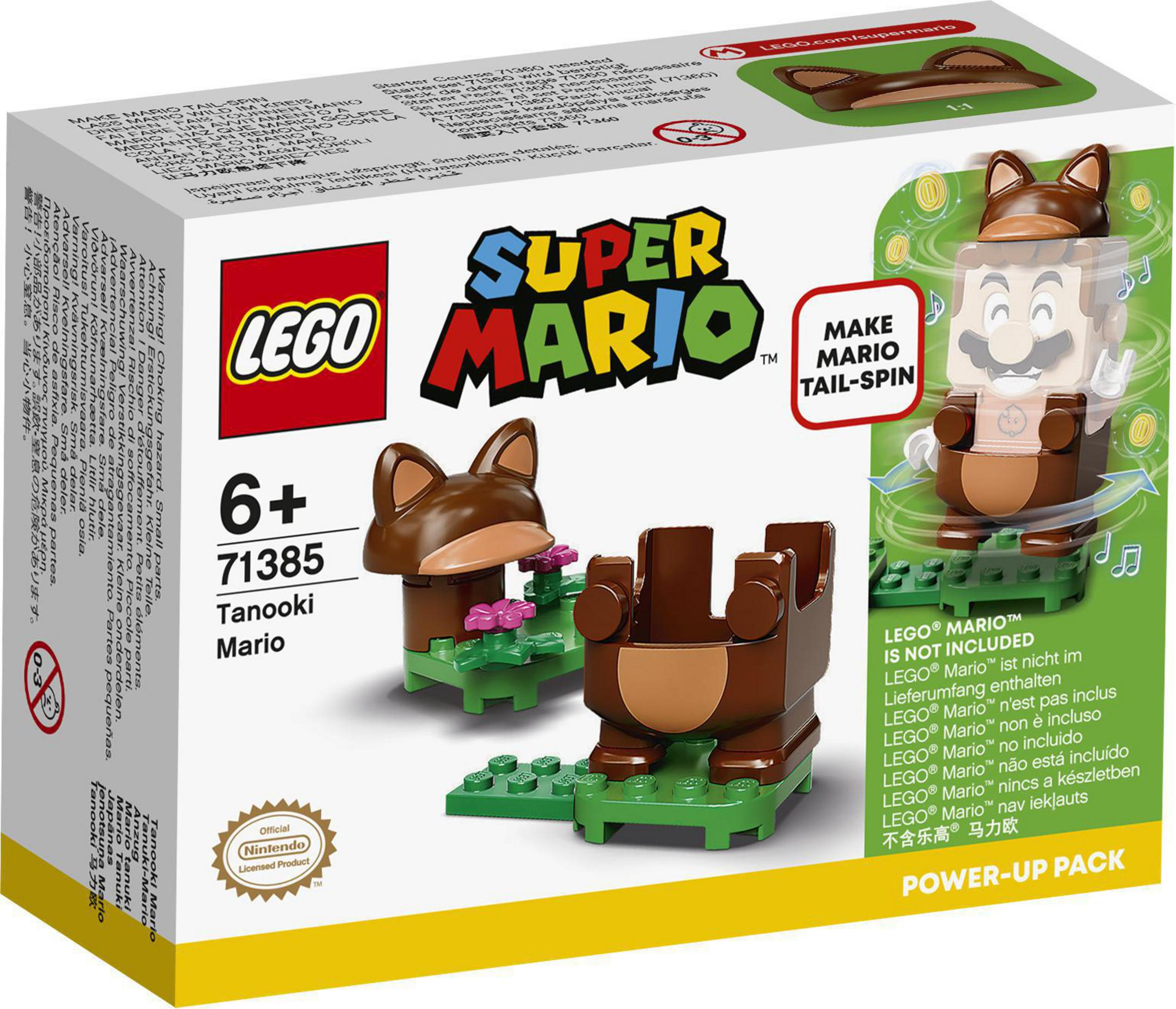 LEGO Super Mario Set-Box. Tanooki Mario Figur und Zubehör. Text und Grafiken sind auf der Box.