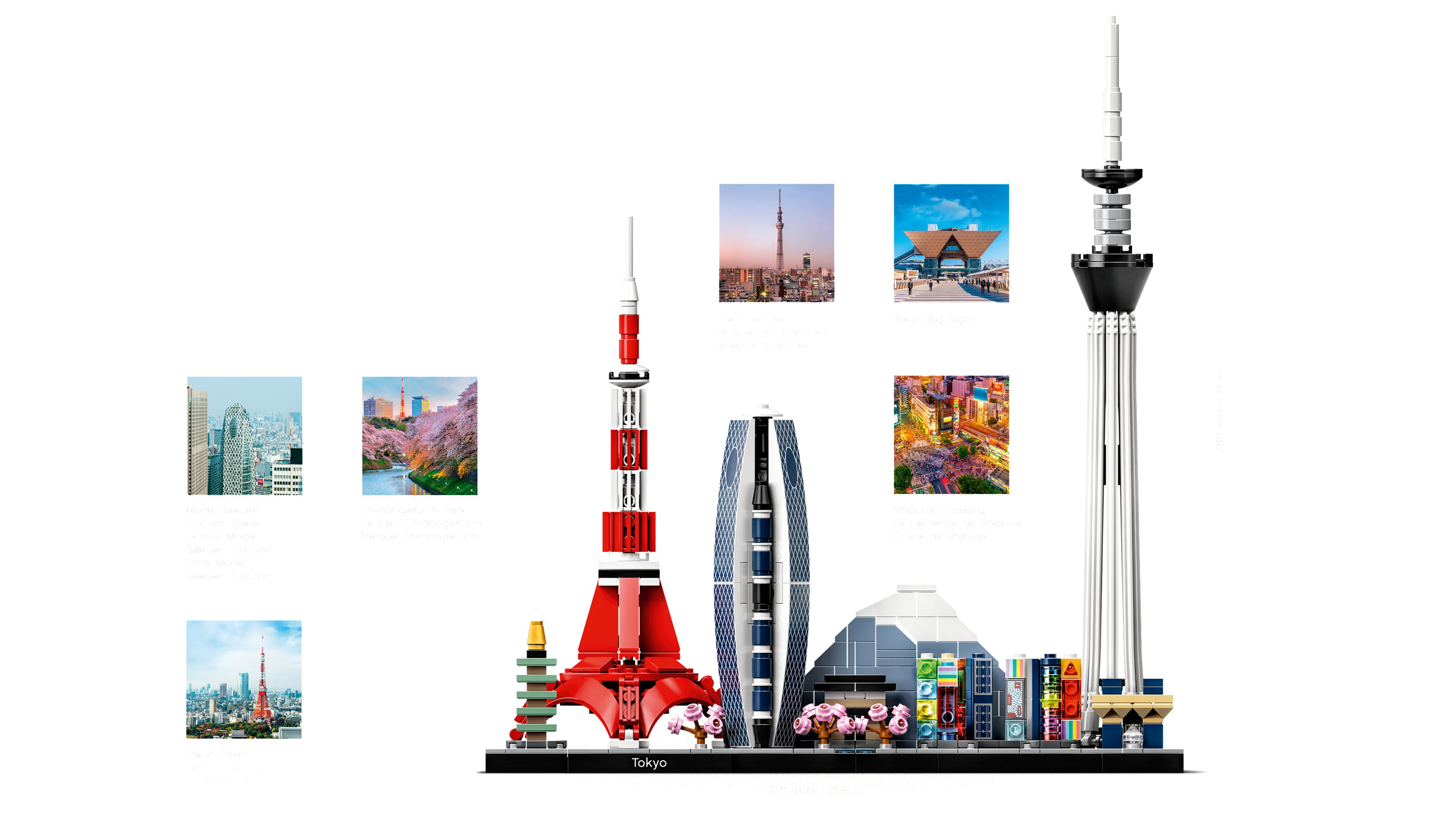 Lego-Set mit Tokiot Wahrzeichen, darunter der Tokyo Tower, Stadtlandschaften und der Skytree.