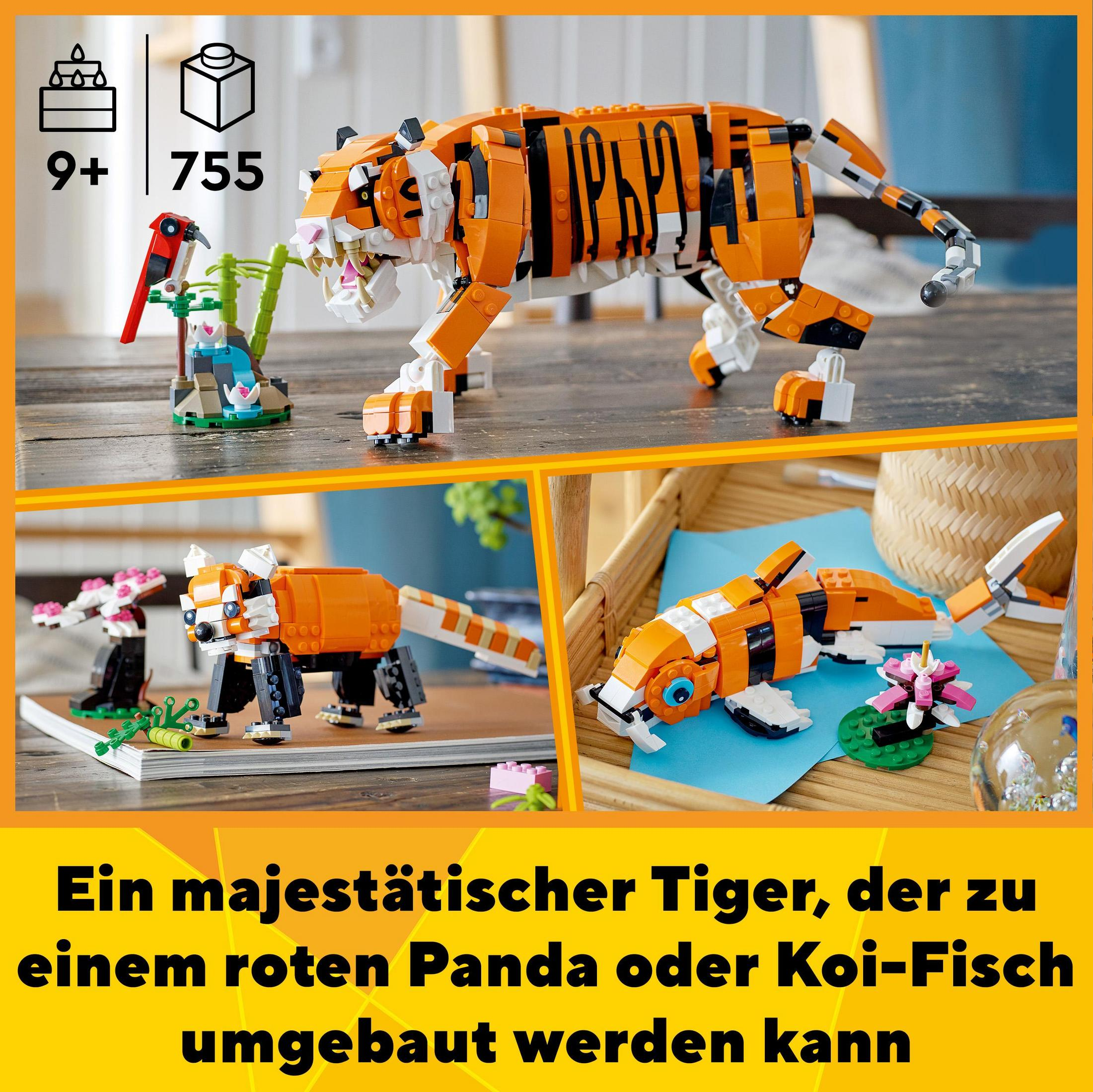 Kaplan, kırmızı panda ve koi balığı modelleri içeren Lego seti, Almanca metinle.