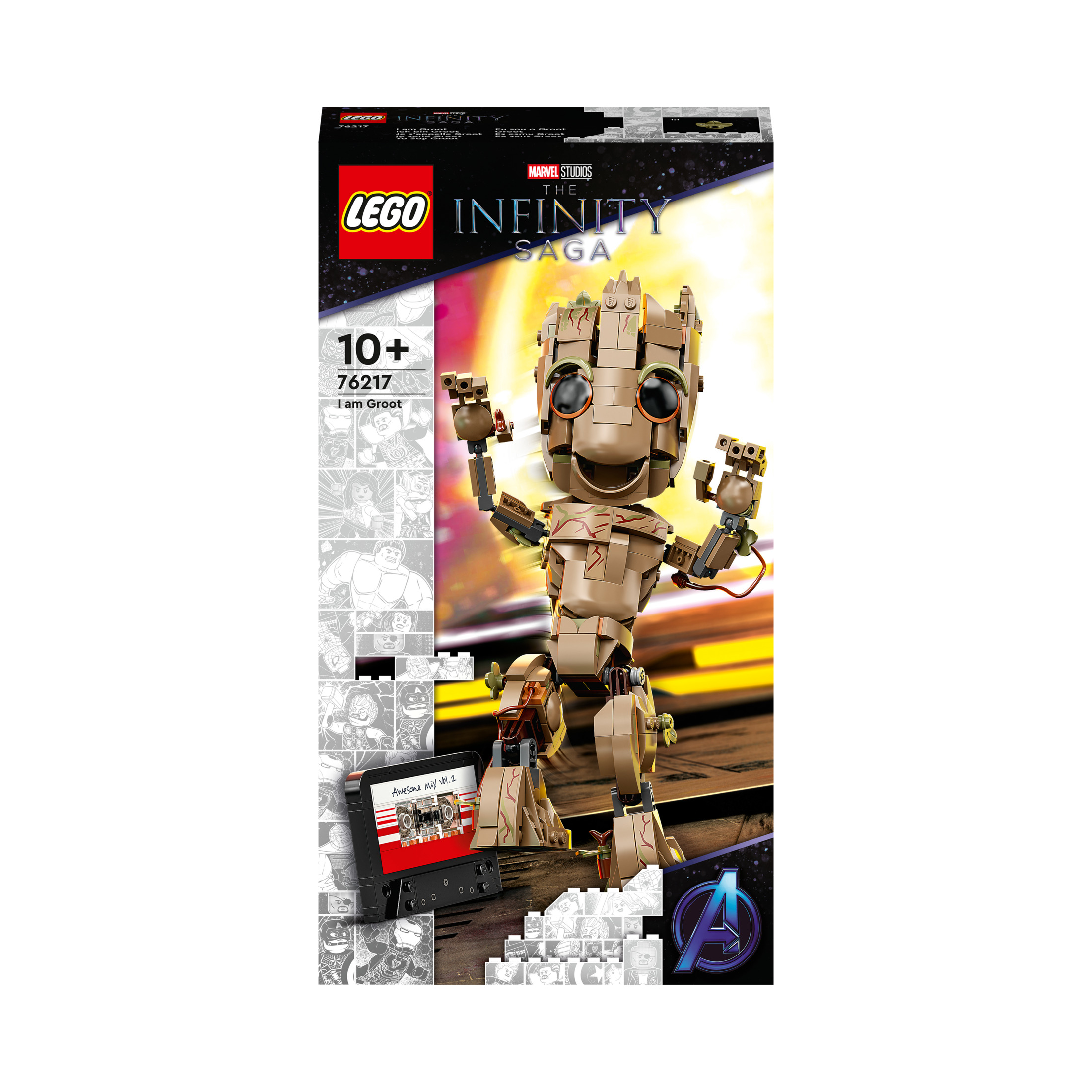 LEGO I am Groot Set. Die Box zeigt Groot und einen Comic-Strip. Weißer Hintergrund.