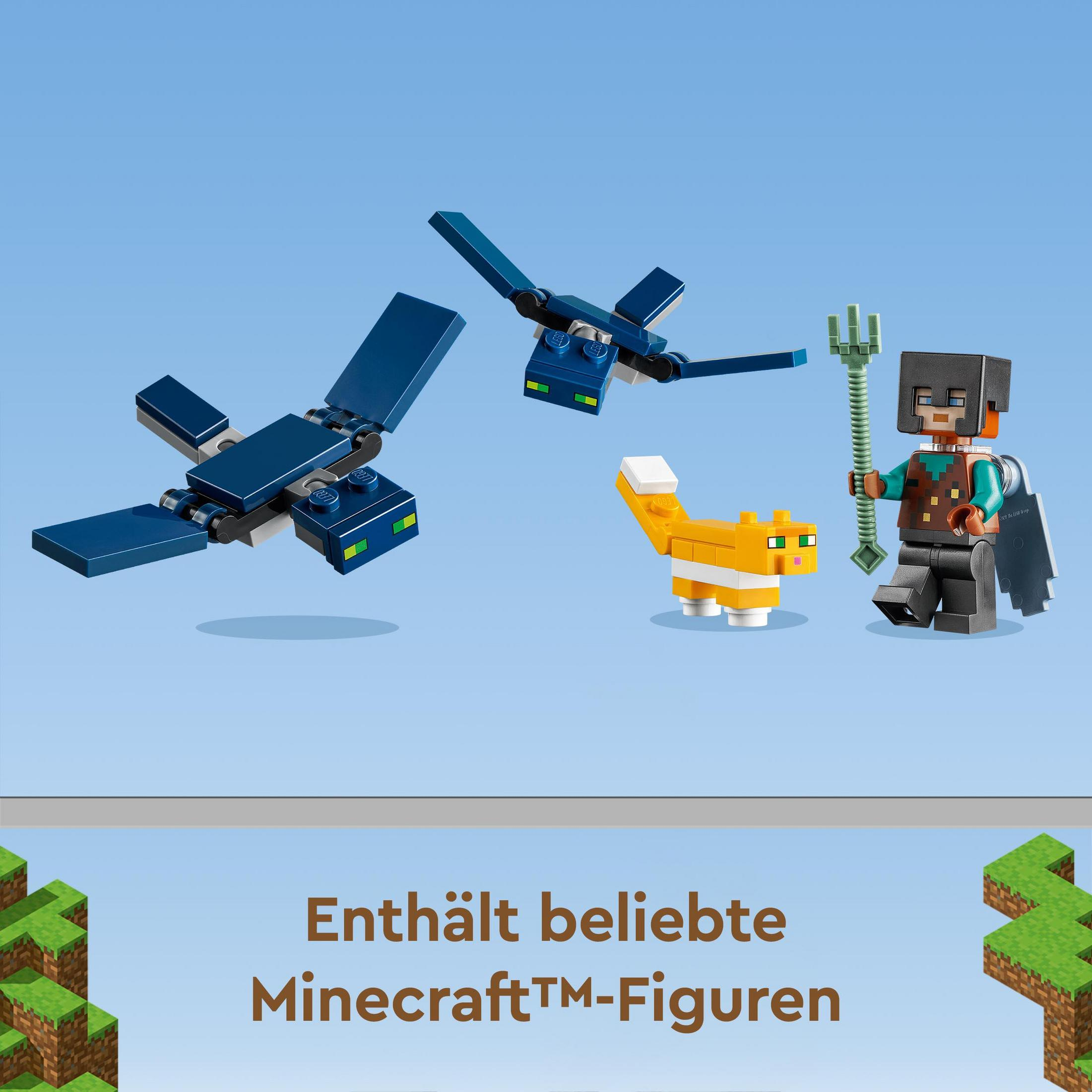 Set LEGO Minecraft con personaggi di un gatto, due libellule e un personaggio.