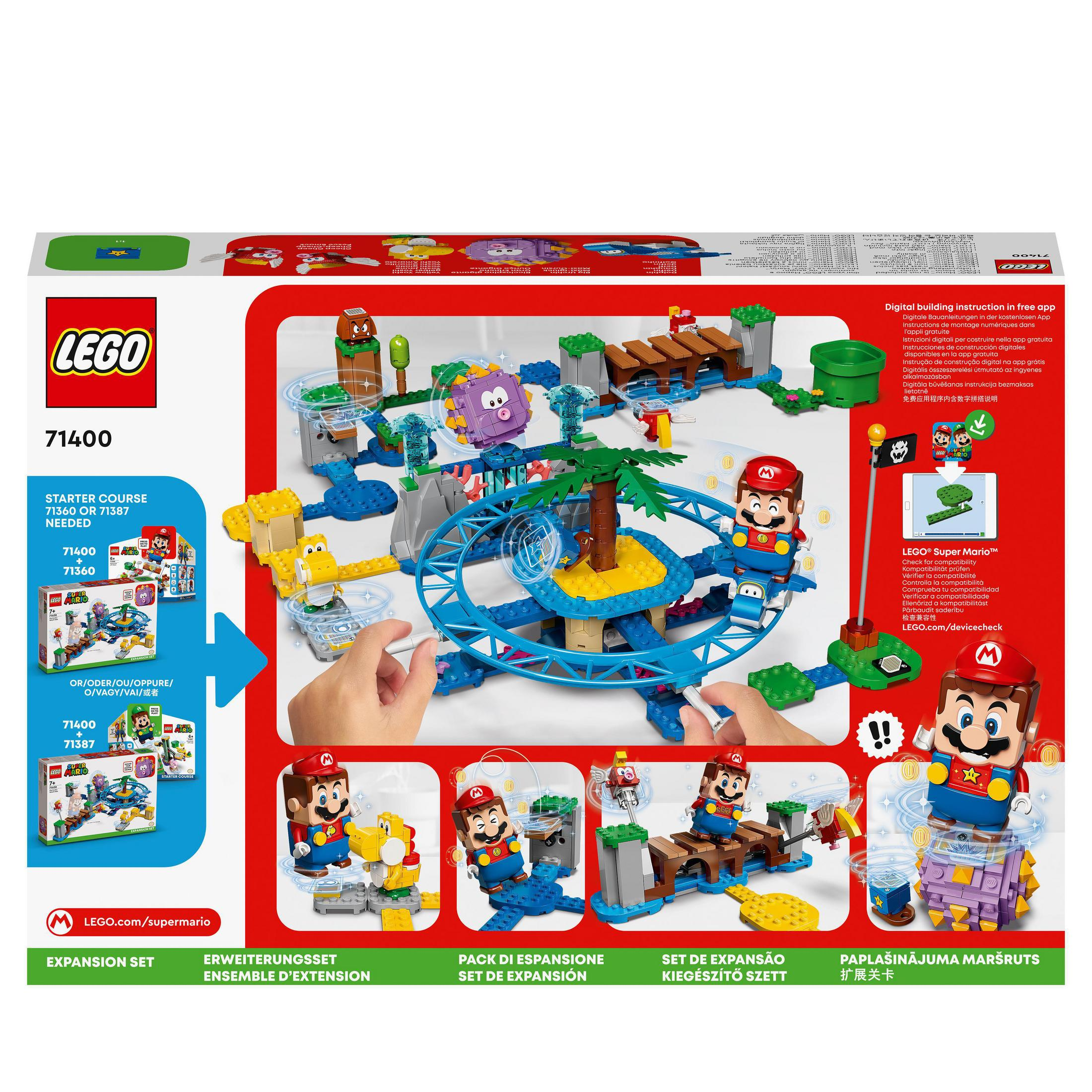 Die Box eines Lego Super Mario Starter Course Sets mit Bildern von Mario und den Kurselementen darauf.