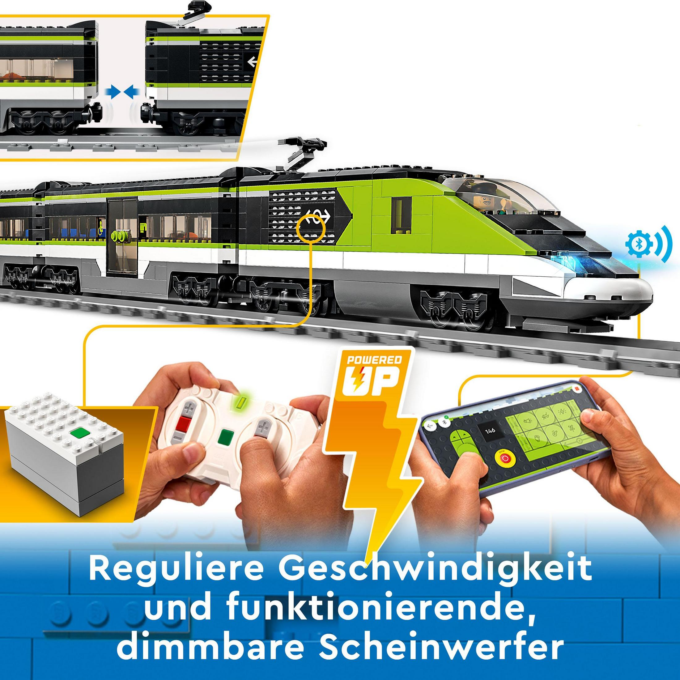 Model pociągu Lego z zielono-czarnym designem na torze.