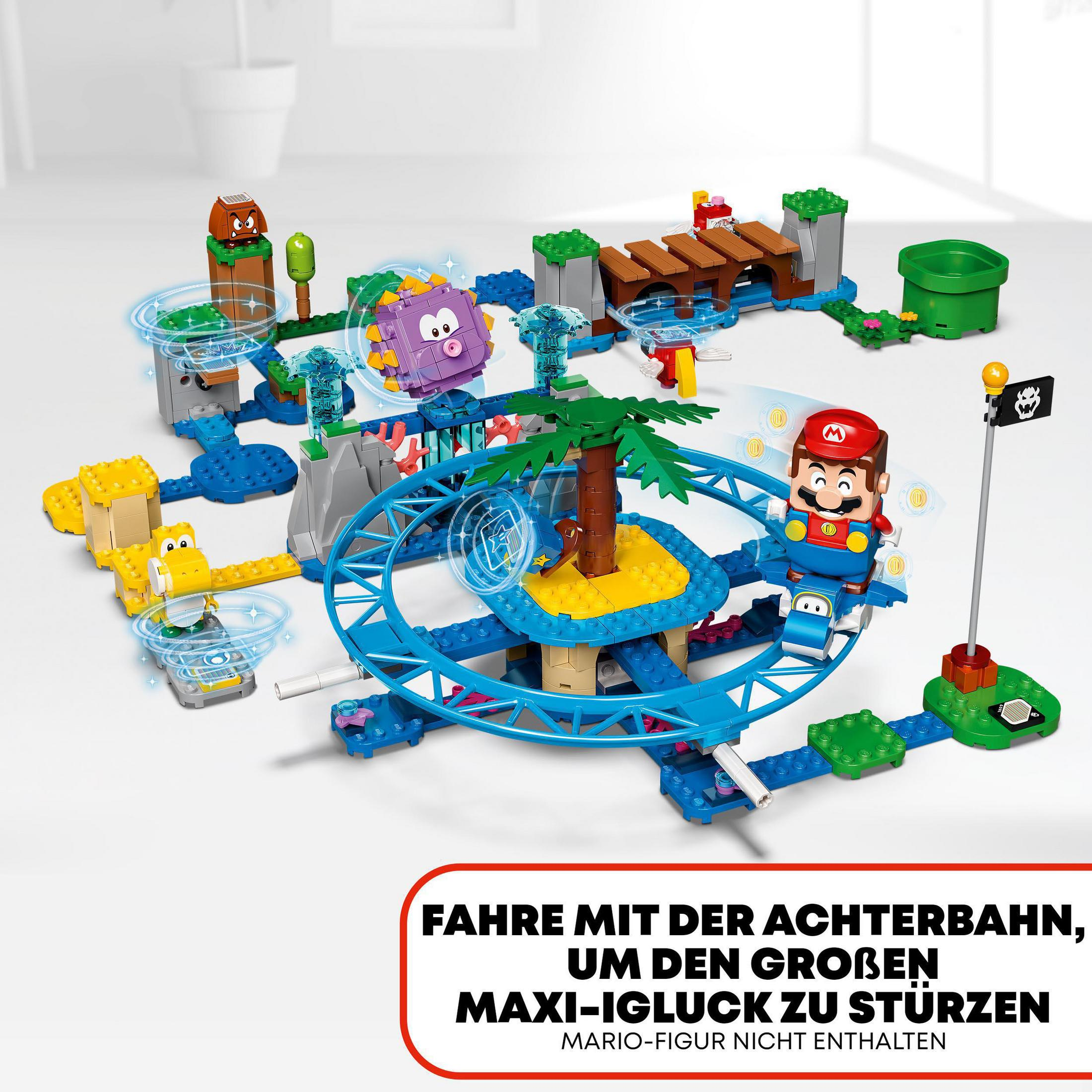 Ein Lego-Set mit einer Mario-Figur auf einer Strecke, mit einem Riesenrad und verschiedenen Hindernissen.