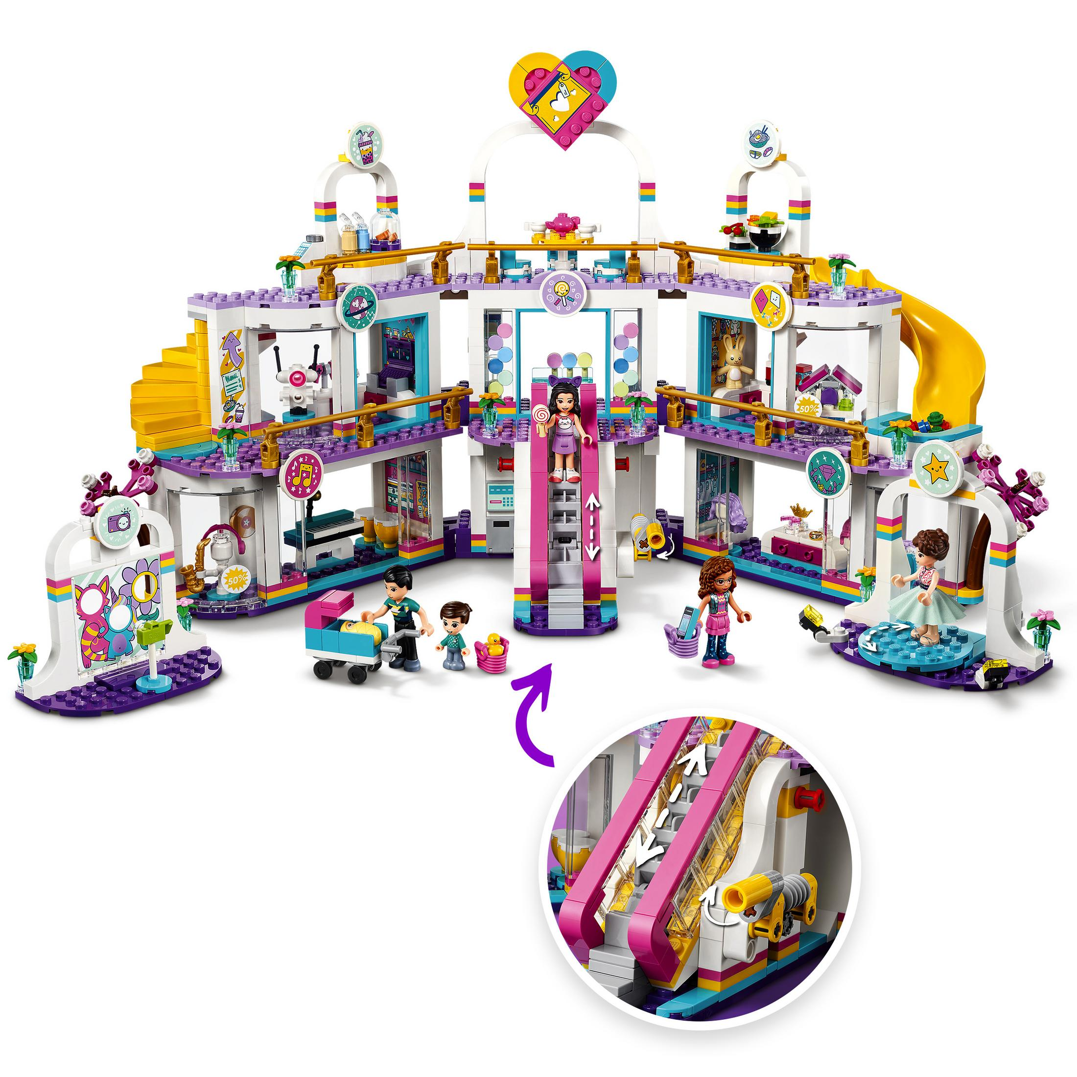 Lego Friends Set, das ein Einkaufszentrum mit Figuren darstellt. Enthält eine gelbe Rutsche und Rolltreppendetails.