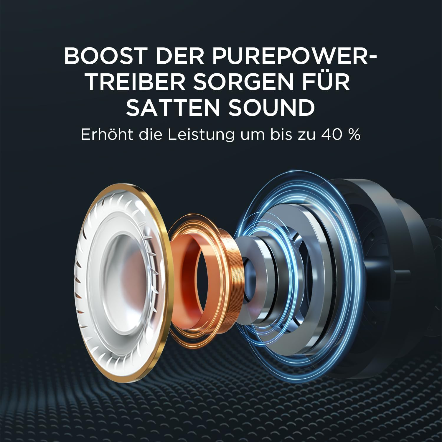 Nahaufnahme eines Lautsprechers mit silbernem Rahmen und Kupfer- und Goldelementen.