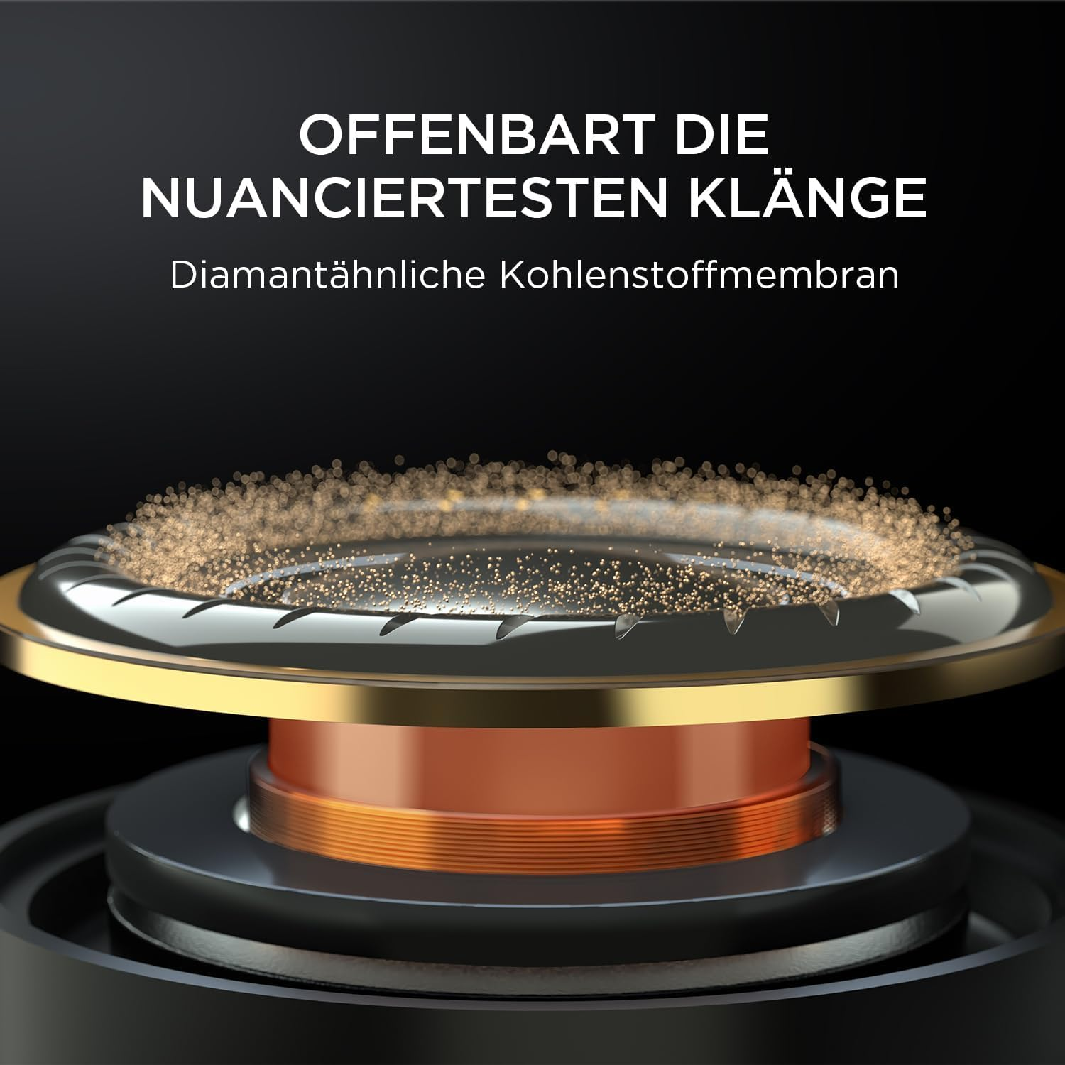 Nahaufnahme einer Lautsprecherkomponente mit goldenem Rand und schwarzem Sockel. Der Kern ist kupferfarben.