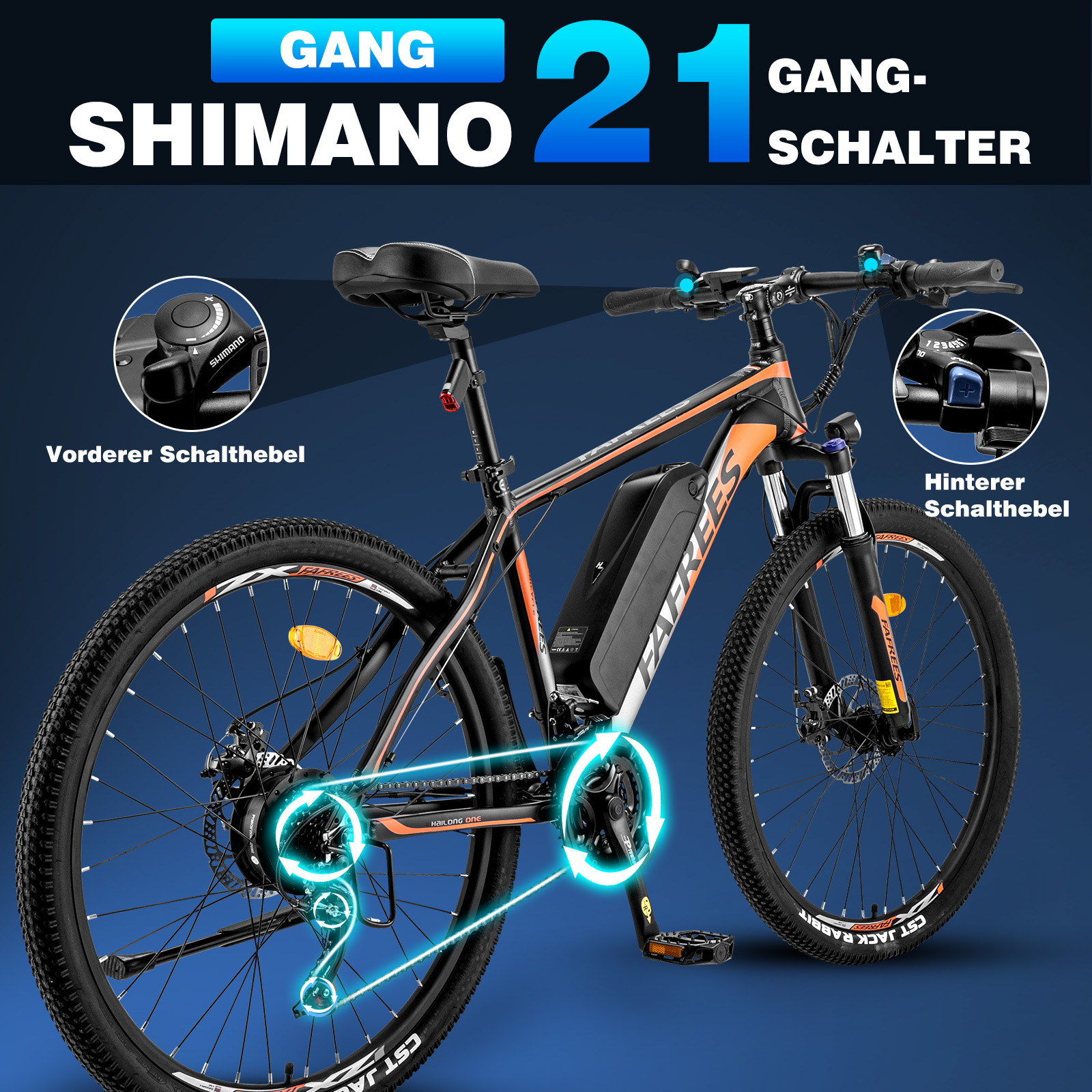 Mountain bike nero e arancione con etichette per marce e interruttori.