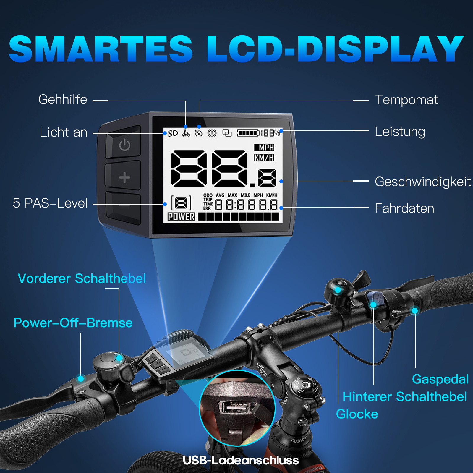 Un primo piano del display di una bicicletta elettrica mostra velocità, batteria e altri dati. I manubri sono visibili.