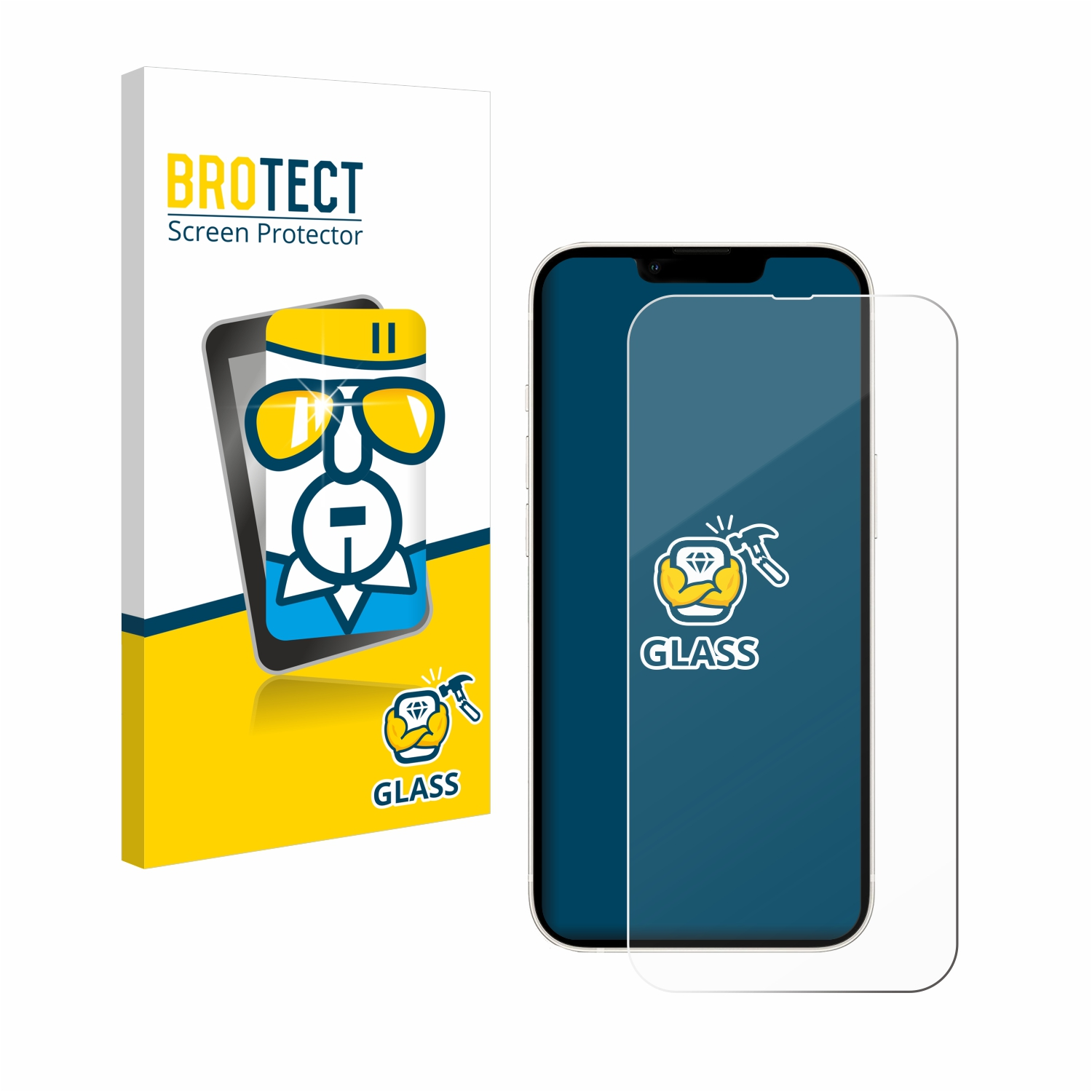 Schutzfolienbox und Telefon mit Schutzfolie. Glas-Logo. Weißer Hintergrund.
