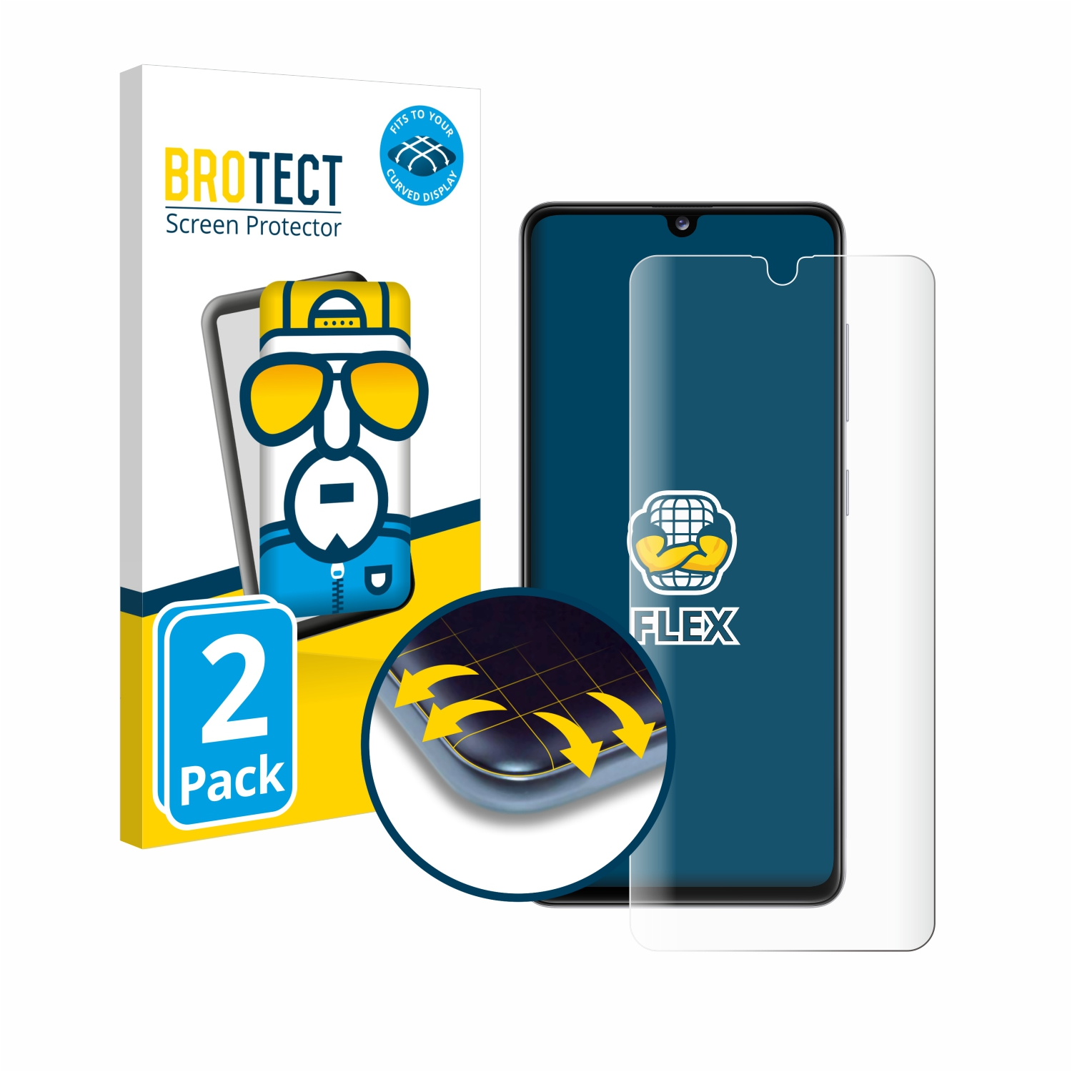 Handy-Displayschutzfolienbox und klarer Schutz, mit einer Handy-Grafik.