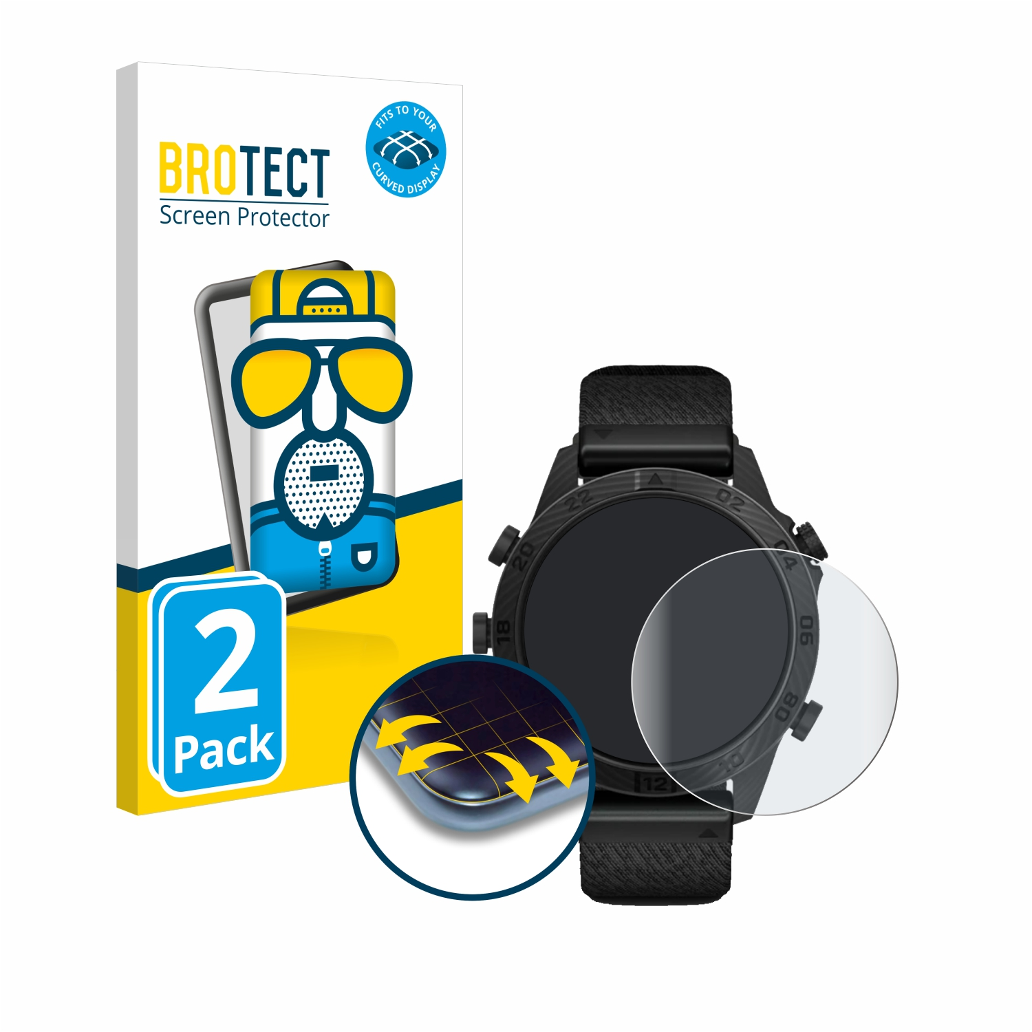 Auf dem Bild sind eine Displayschutzfolienbox und eine Smartwatch zu sehen. Die Box zeigt ein Cartoon-Gesicht. Neben der Uhr liegt eine klare Schutzfolie.