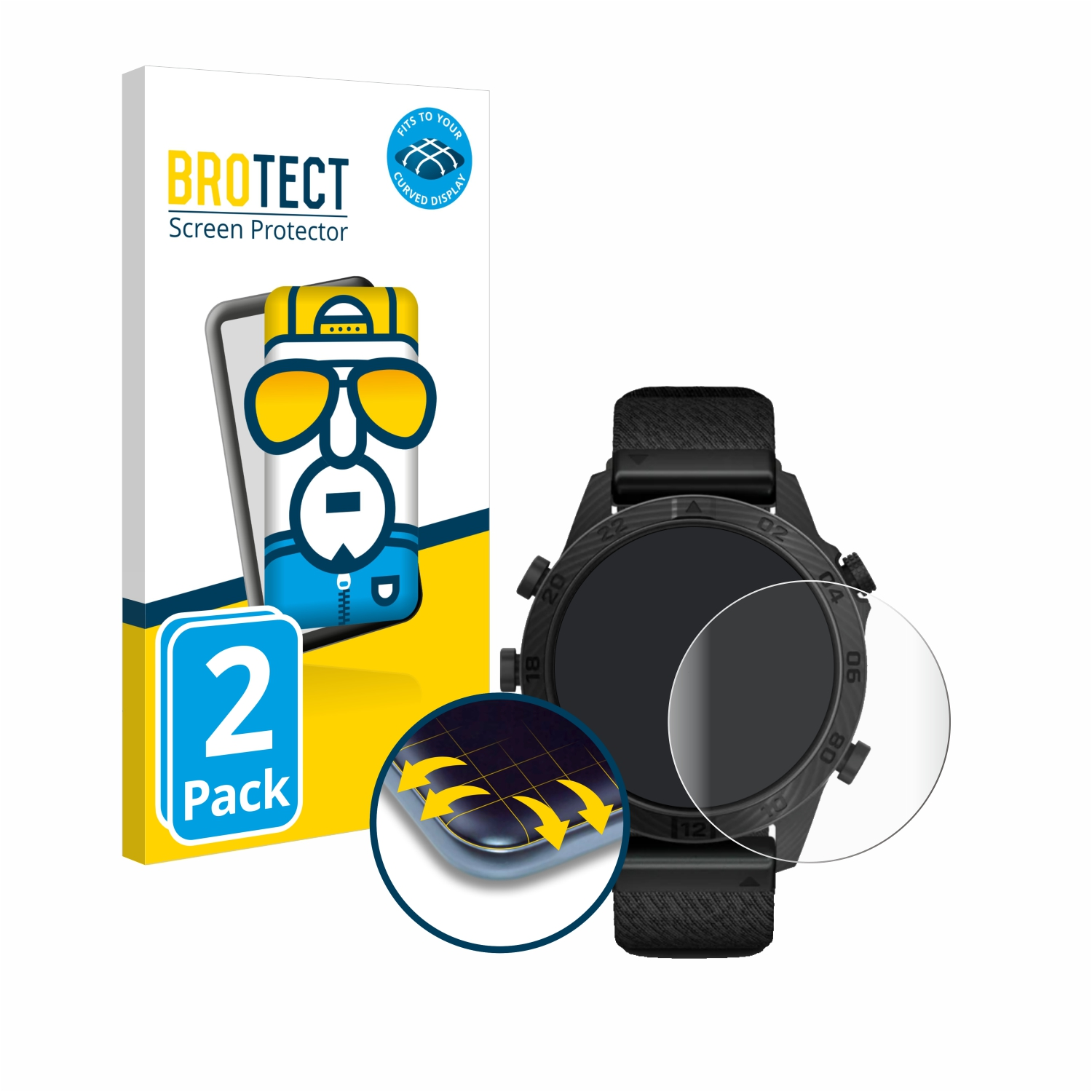 Eine Displayschutzbox und eine Smartwatch mit angebrachtem Displayschutz.