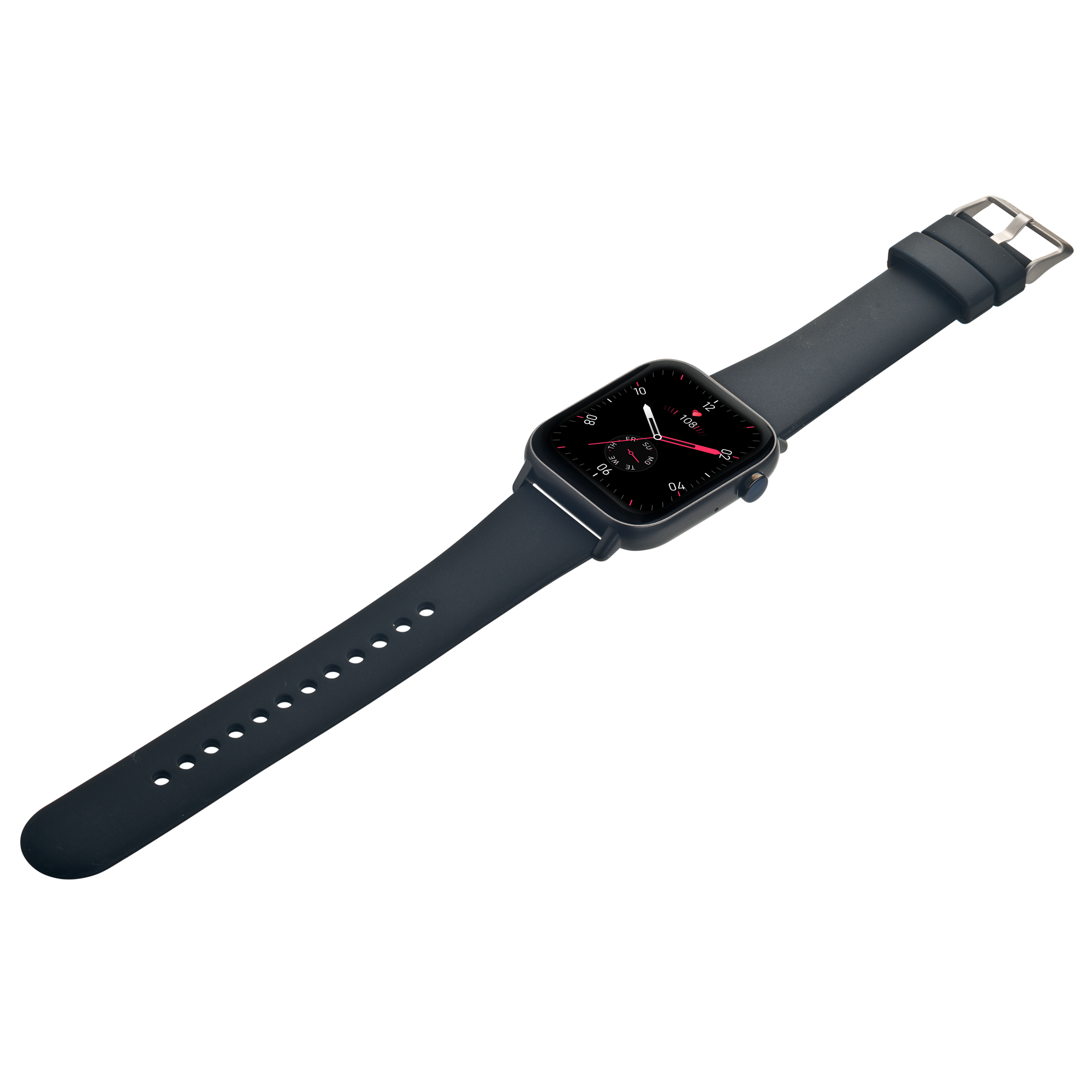 Schwarze Smartwatch mit schwarzem Armband. Die Uhr zeigt eine digitale Oberfläche.