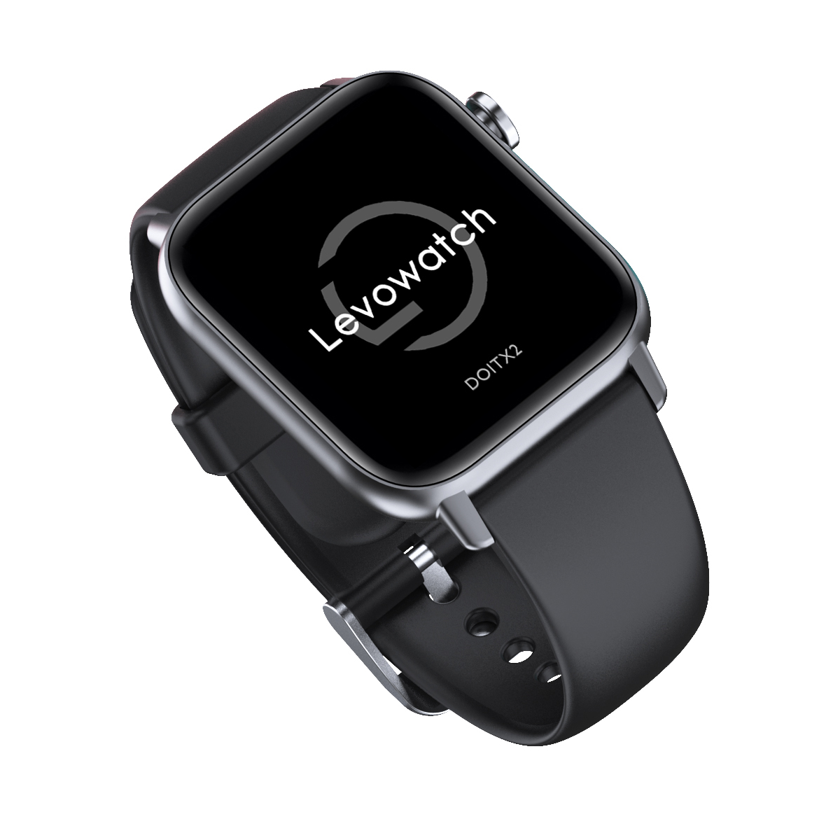Schwarze Smartwatch mit quadratischem Bildschirm, der das Levowatch-Logo anzeigt.