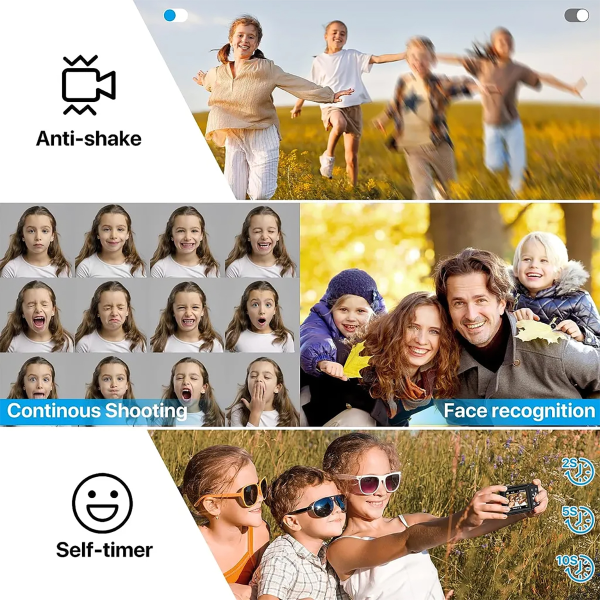 Bild von Funktionen: Anti-Shake, Serienaufnahme, Gesichtserkennung und Selbstauslöser mit mehreren Bildern.