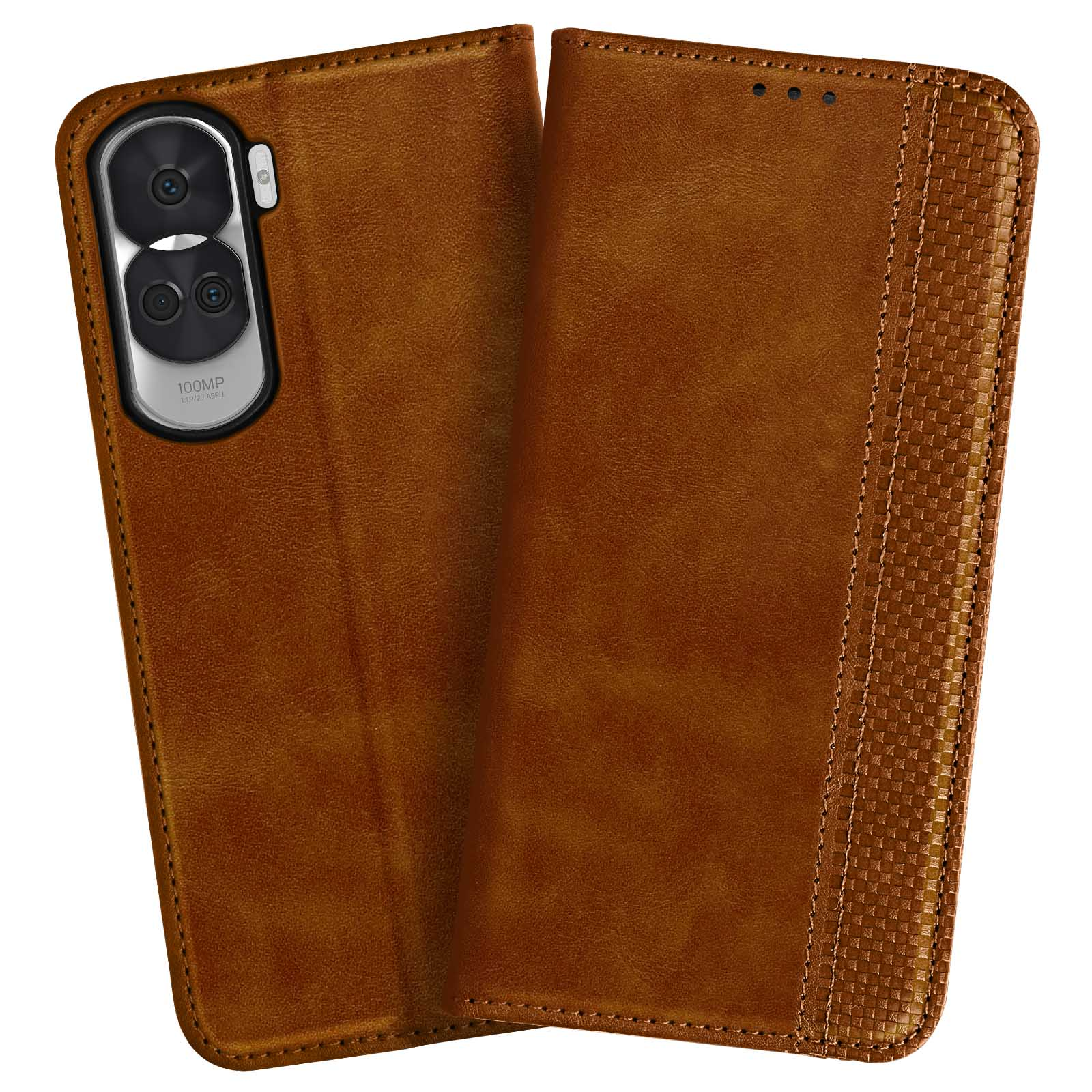 Custodia per telefono in pelle marrone, aperta, mostra la fotocamera del telefono e i dettagli interni. Design strutturato a destra.