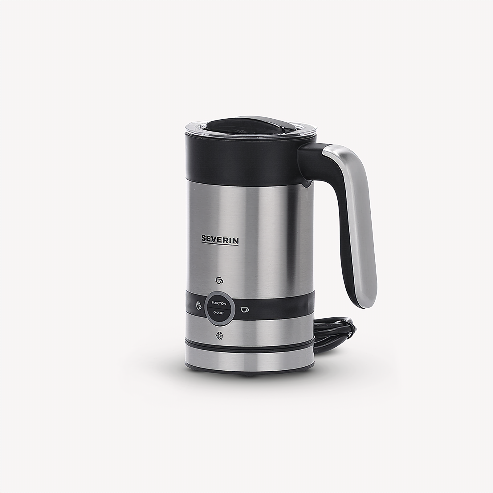 Srebrny i czarny spieniacz do mleka z uchwytem i przyciskiem zasilania. Marka to SEVERIN.