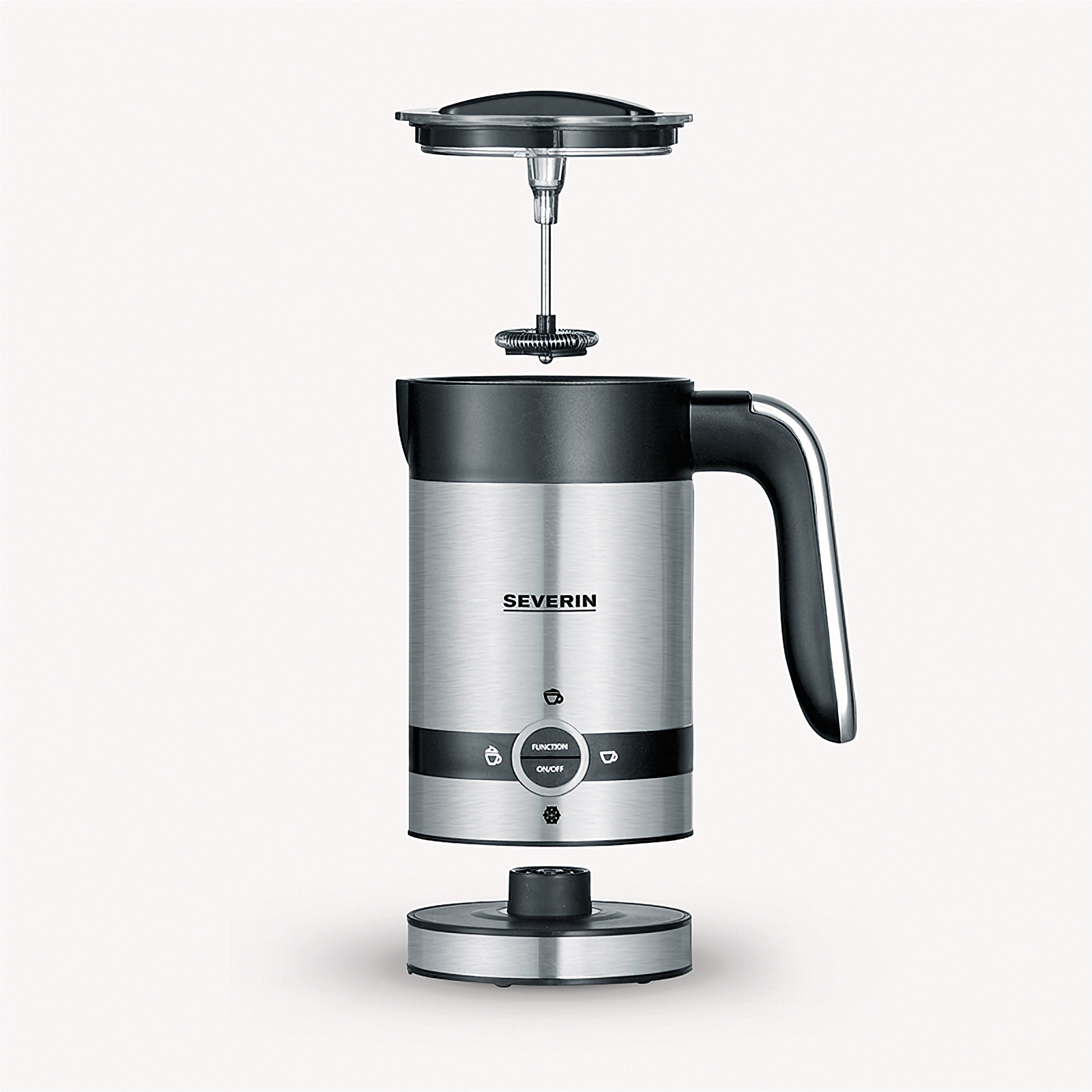 Widok rozłożony srebrnego spieniacza do mleka Severin z oddzielonymi elementami.