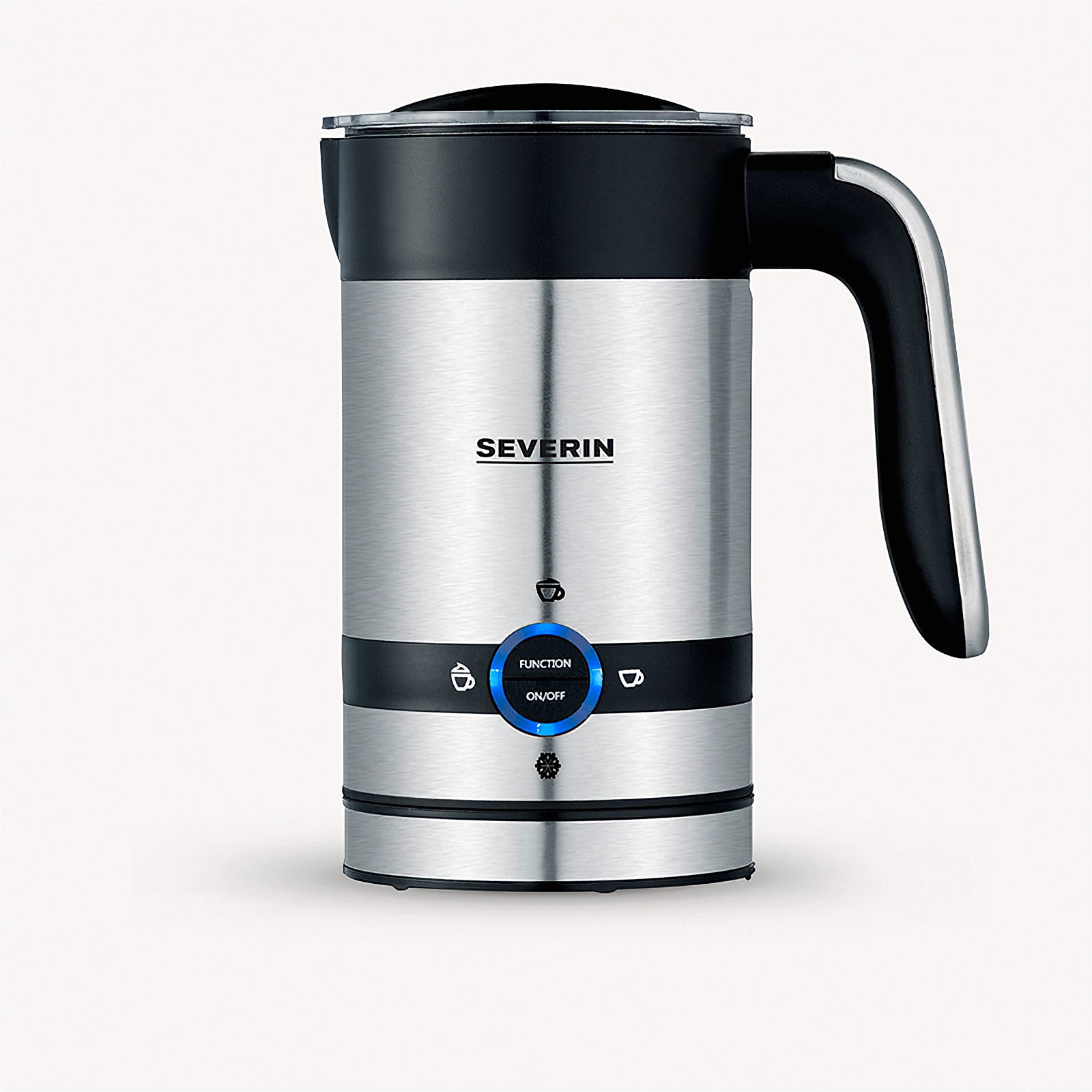 Srebrny spieniacz do mleka Severin z czarną górą i uchwytem. Niebieski przycisk funkcyjny świeci.