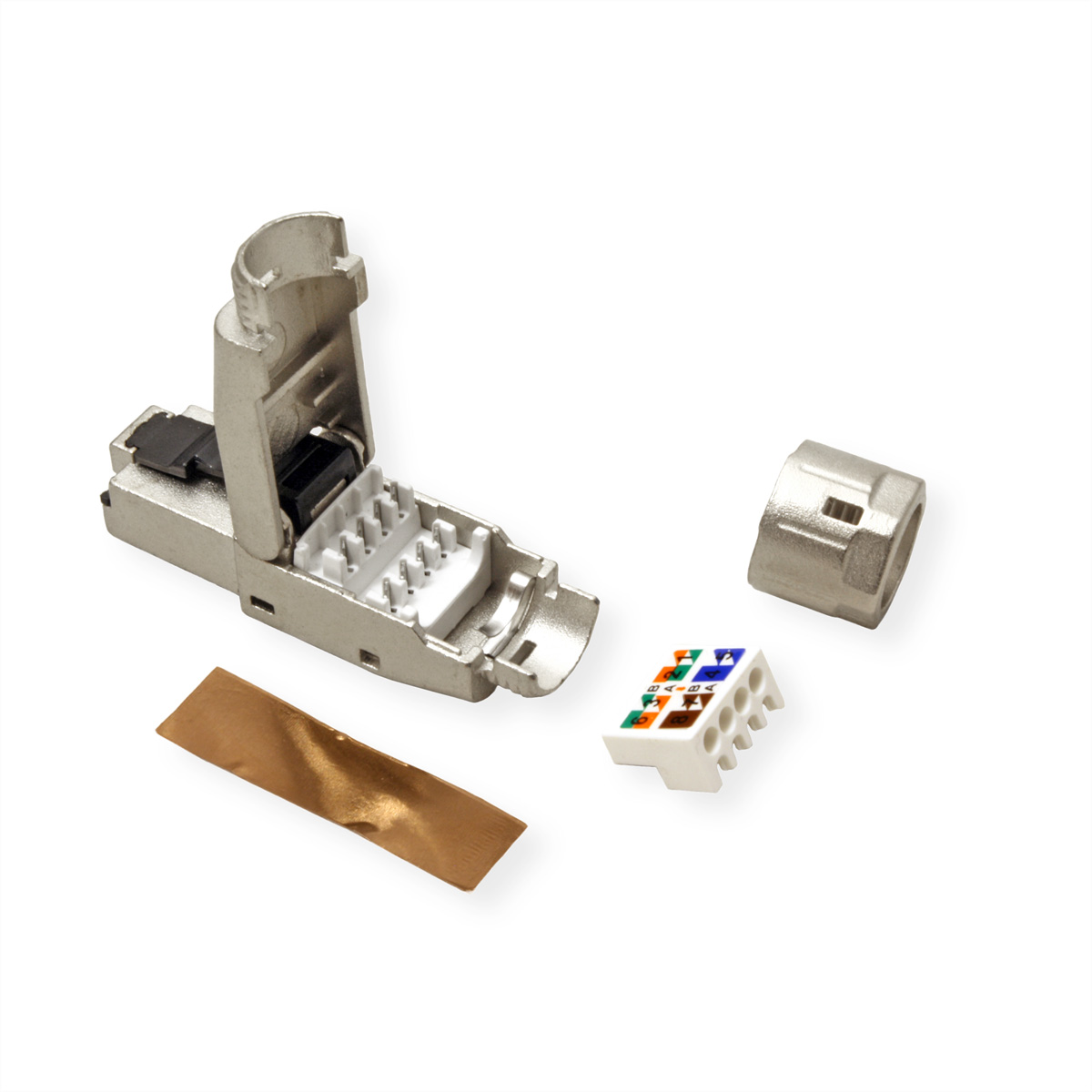 Gedemonteerde RJ45-connectorcomponenten: metalen behuizing, interne onderdelen en een witte connector.