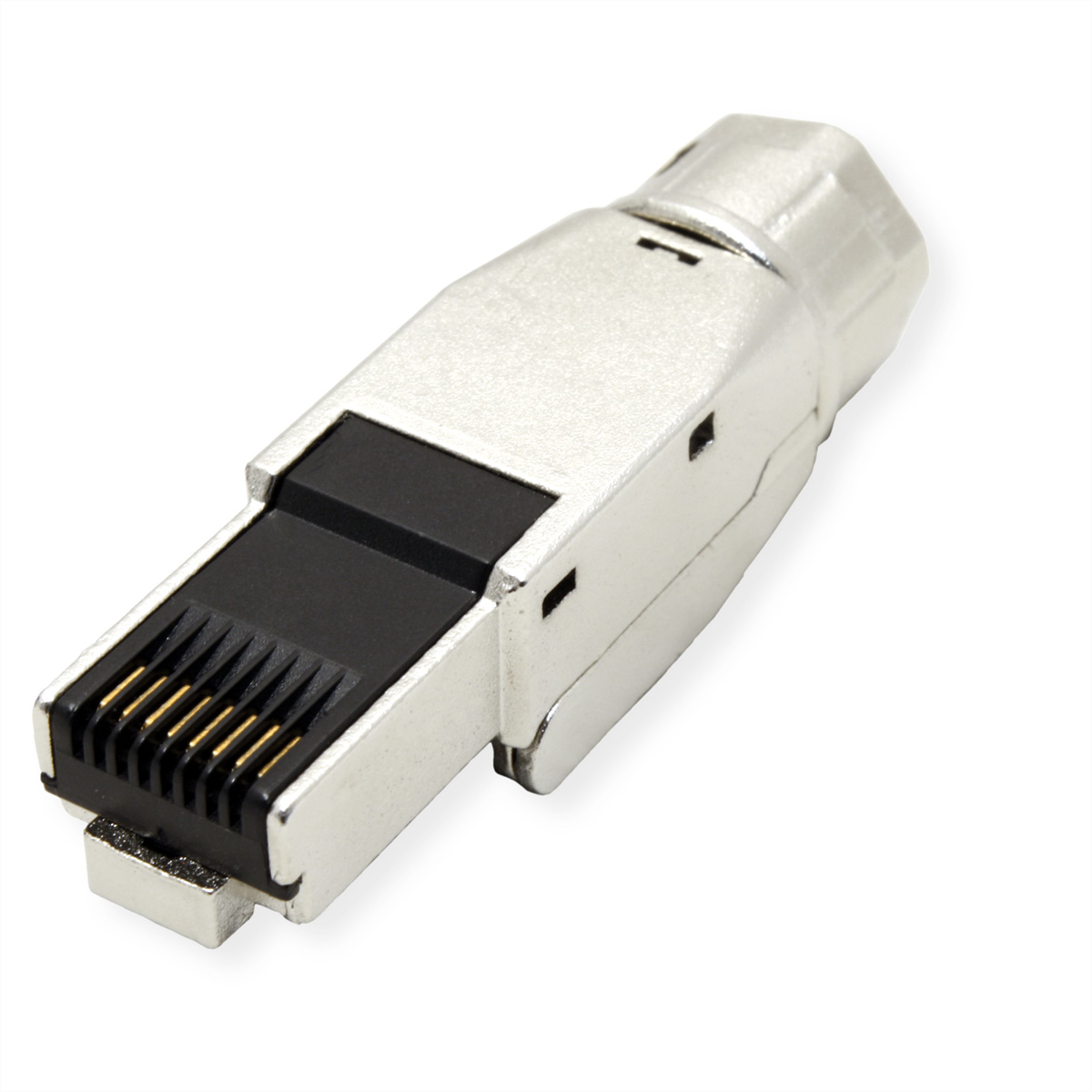Een zilveren RJ45-connector met een zwart plastic inzetstuk en goudkleurige pinnen.