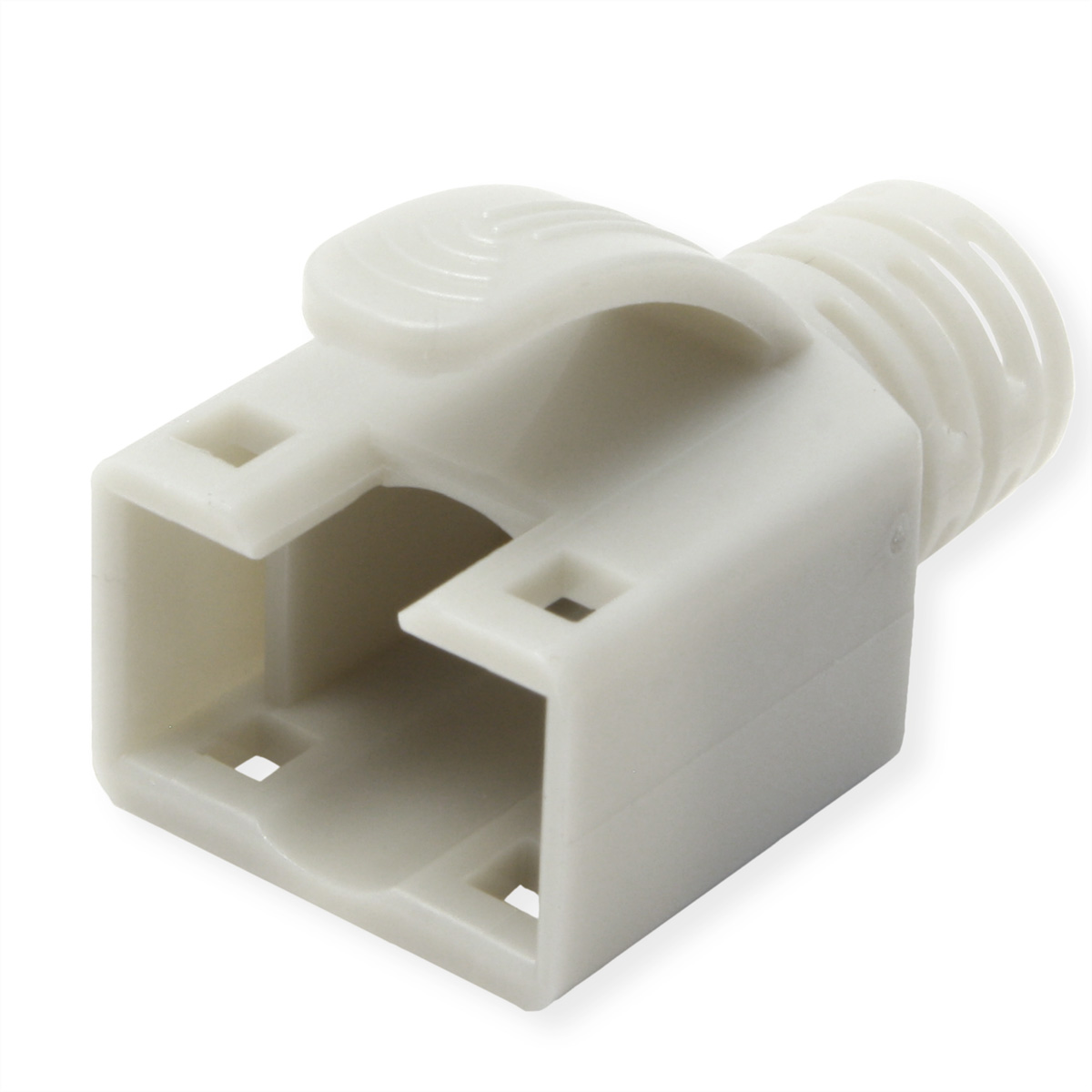 Een witte kunststof connector met een lipje en een gat voor kabels.
