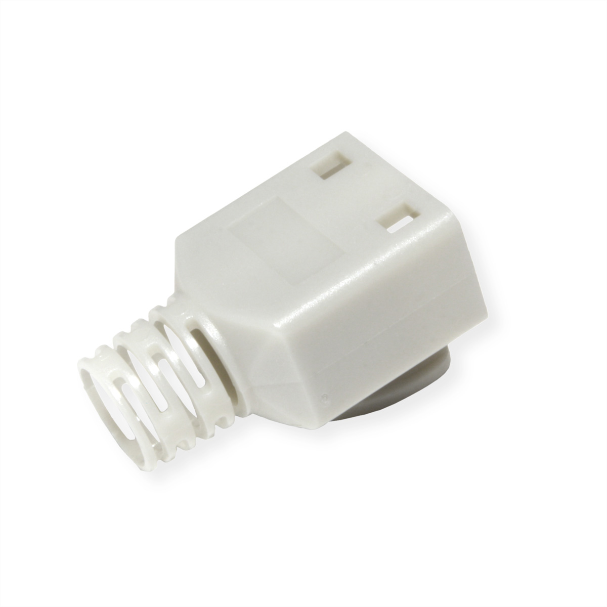 Witte plastic connector met schroefdraad en twee rechthoekige openingen op witte achtergrond.