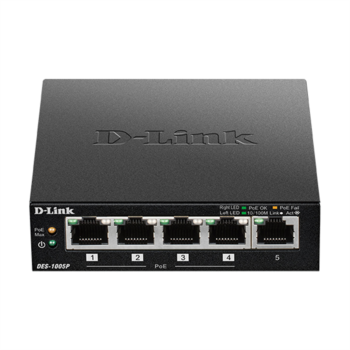 Schwarzer D-Link Netzwerk-Switch mit fünf Anschlüssen, LEDs und Beschriftungen, weißer Hintergrund.