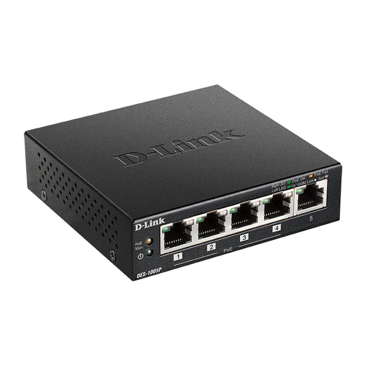 Schwarzer D-Link Netzwerkswitch mit fünf Ports, beschriftet 1-5, und LEDs.