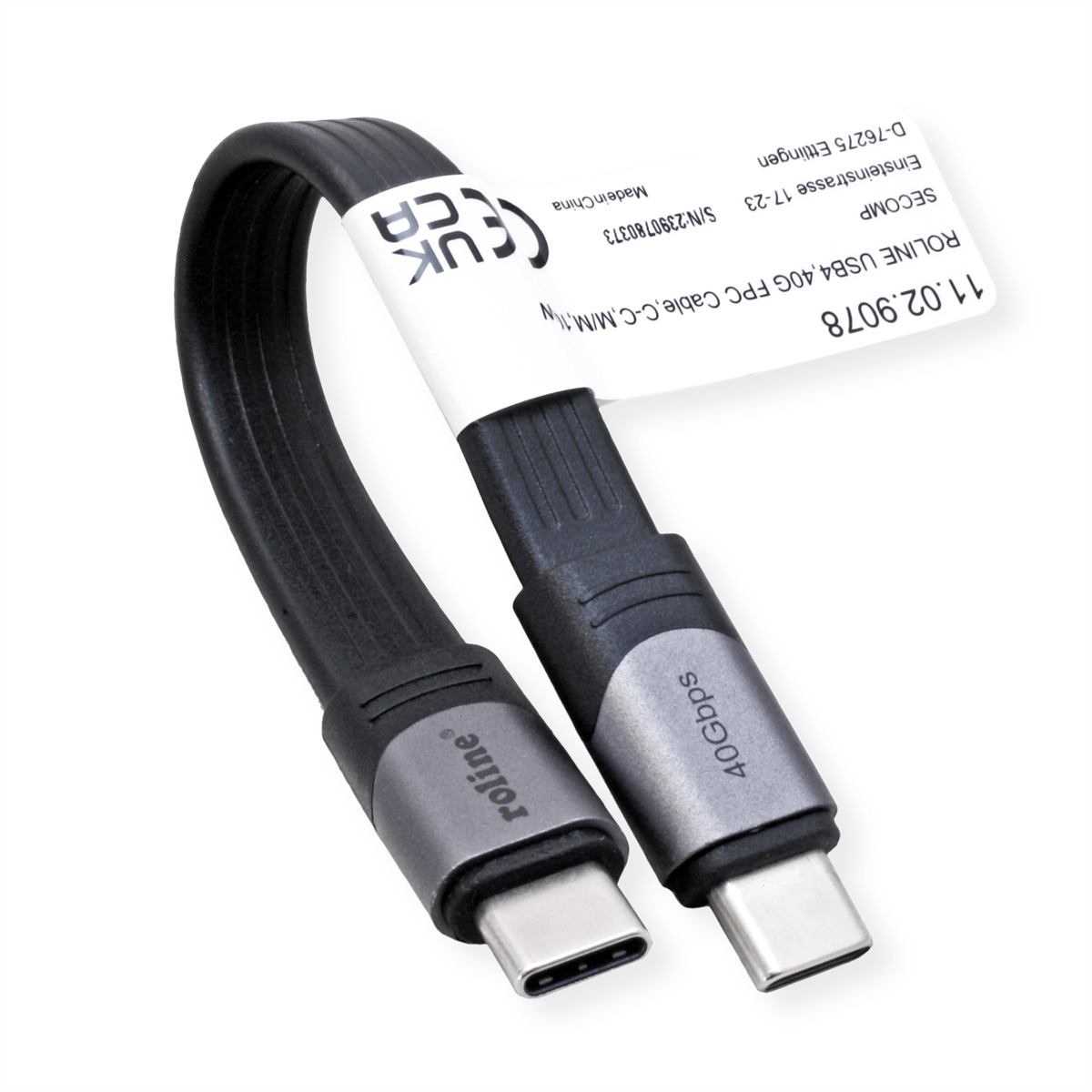 USB-C kabel. Zwart en grijs. Label met tekst: ROLINE USB4 40G FPC Cable. Witte achtergrond.