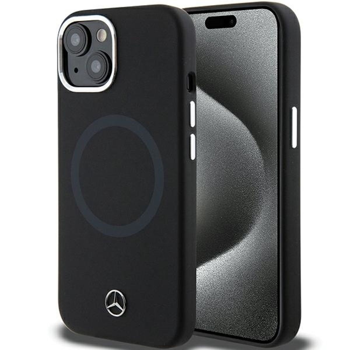 Eine schwarze Handyhülle mit Kameraaussparung und Handy. Das Handy hat einen Bildschirm.
