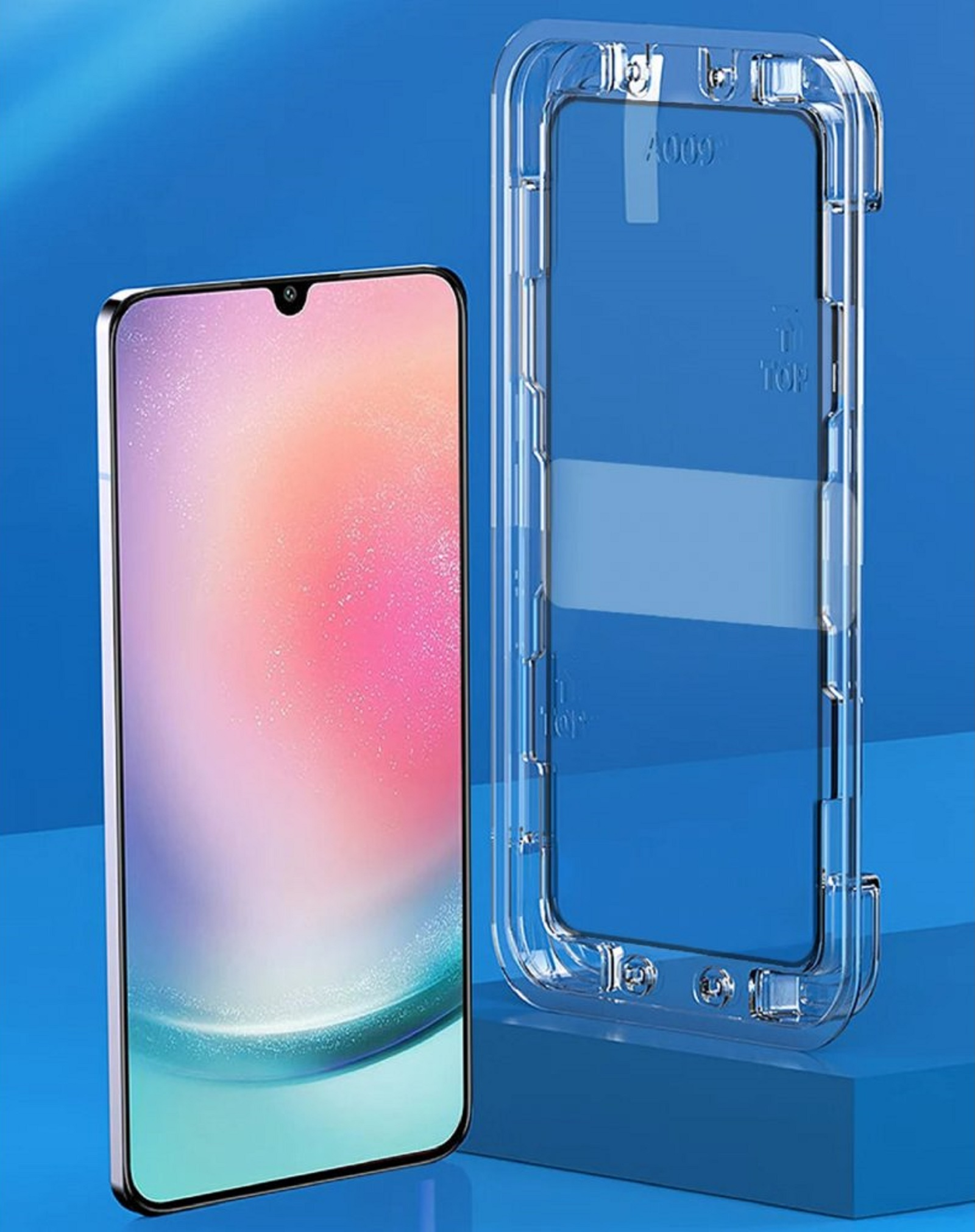 Ein Smartphone in einer Schutzhülle auf einer blauen Oberfläche. Die Hülle ist transparent.