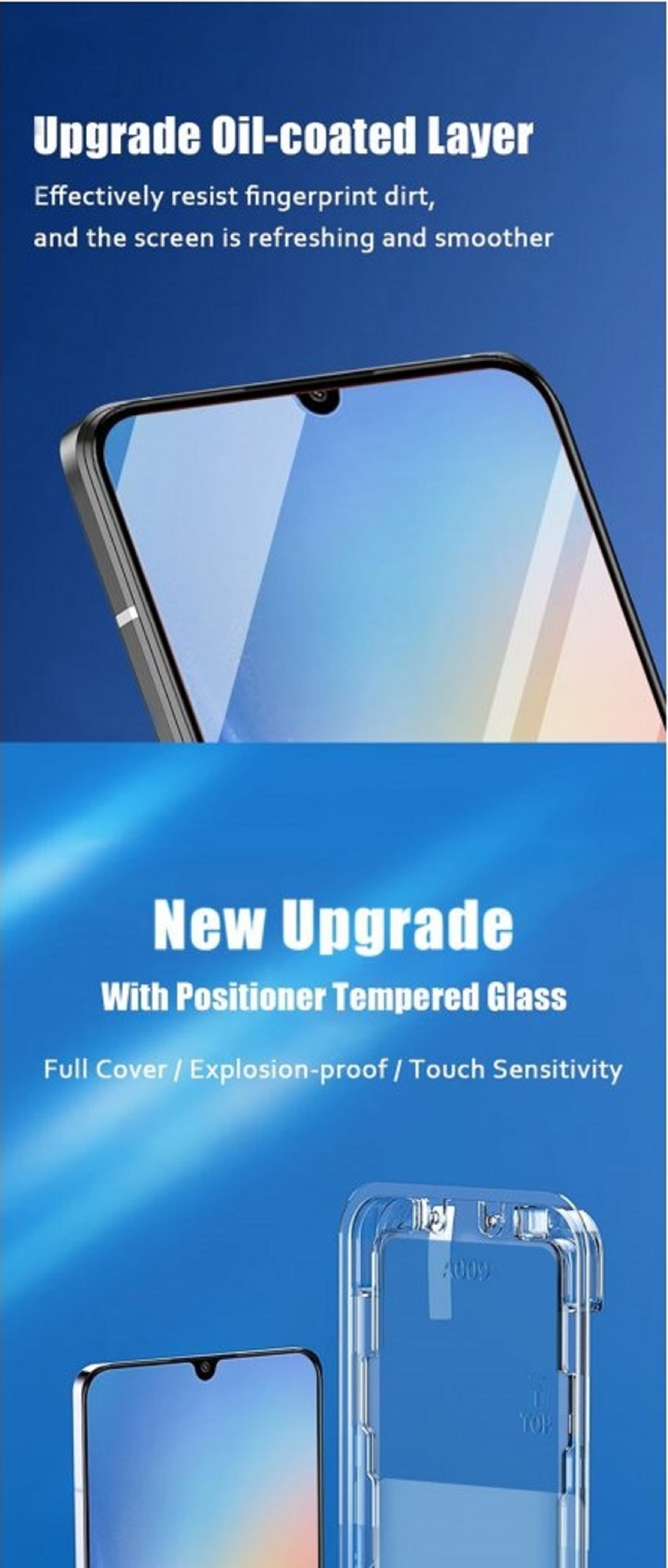 Werbung mit einem klaren Displayschutz, einem Telefonbildschirm und Text über Funktionen.