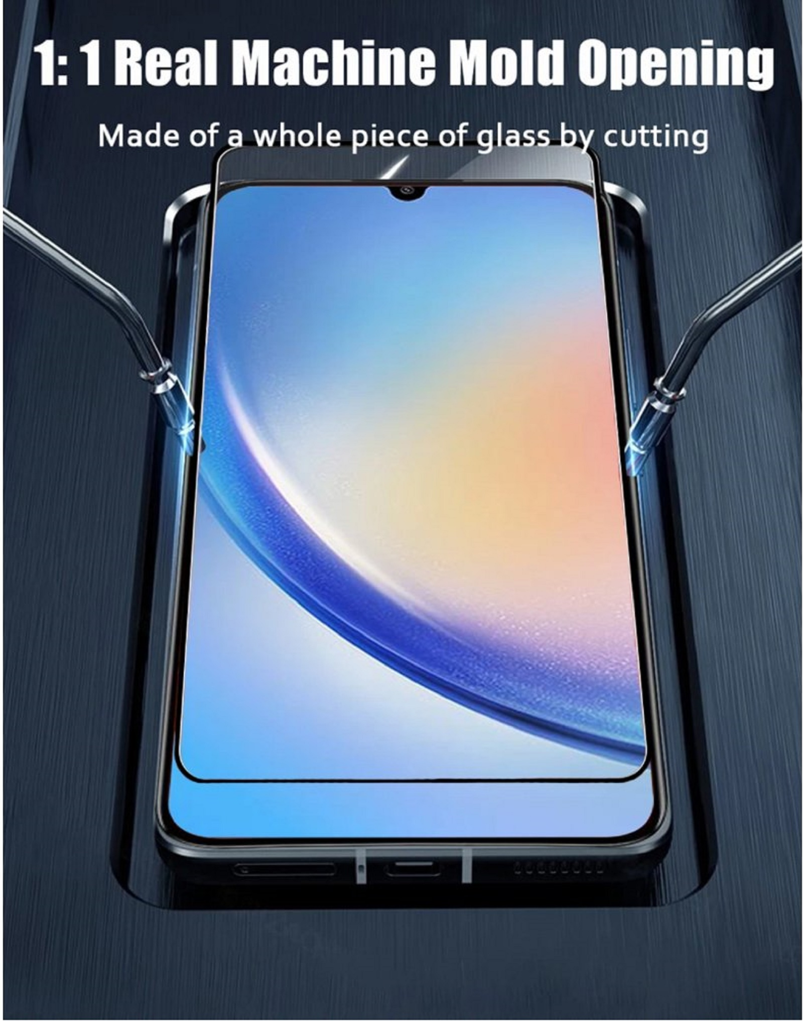 Ein Displayschutz für ein Telefon auf einem Telefon. Der Text besagt: 1:1 echte Maschinenformöffnung.